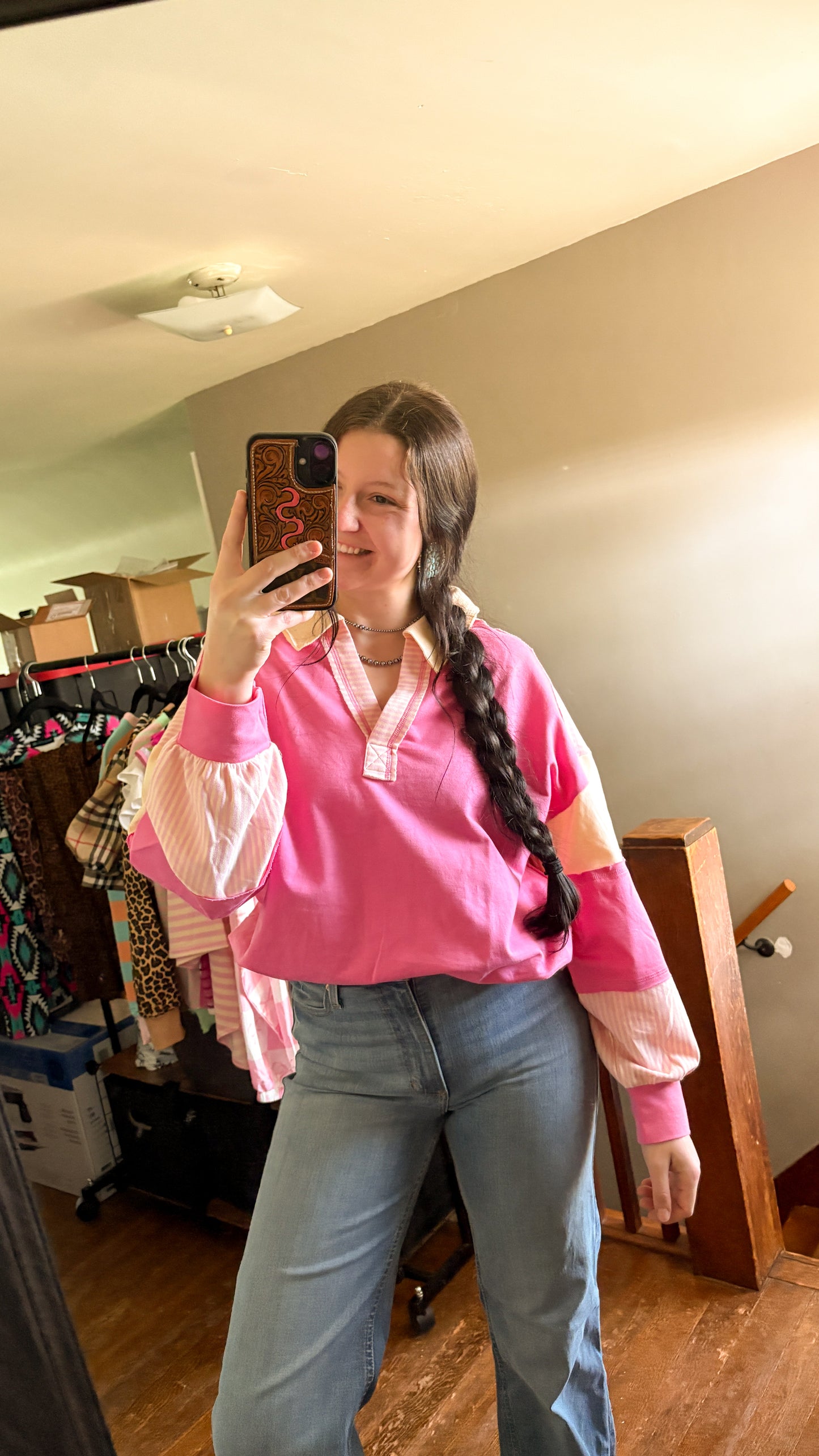PINK & CREME COLLAR LONG SLEEVE TOP