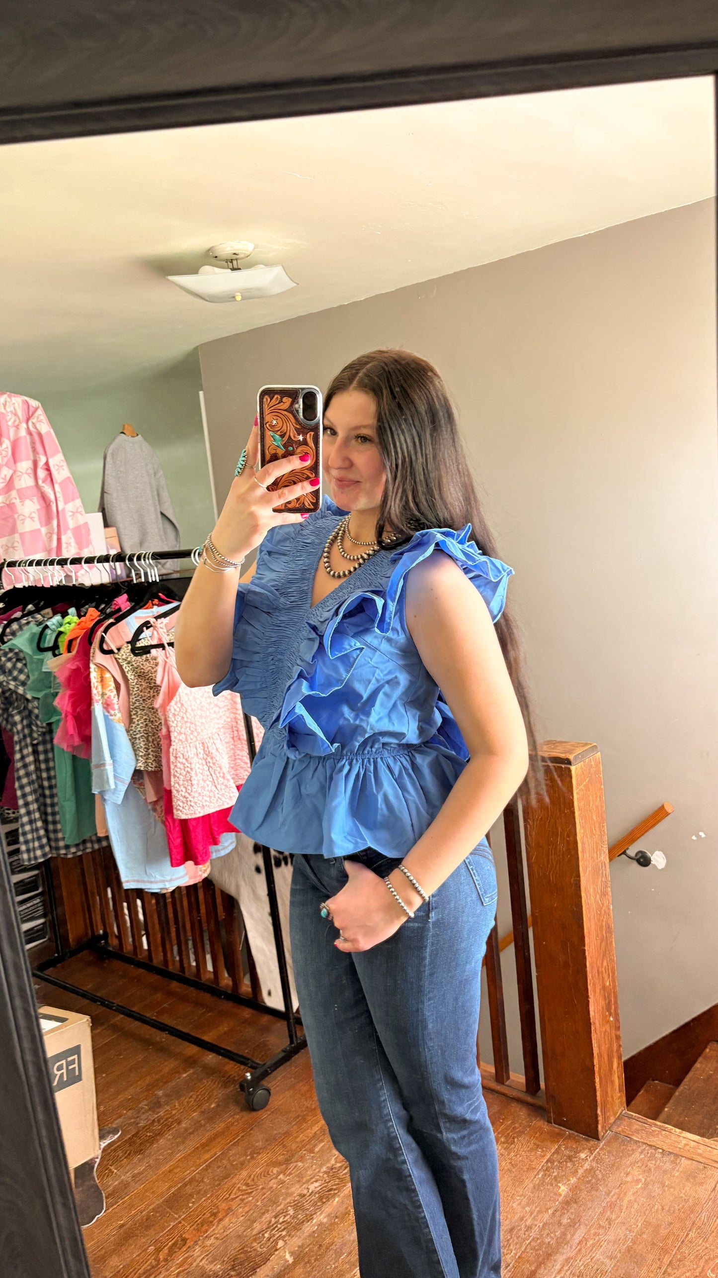WOVEN RUFFLE TOP - BLUE
