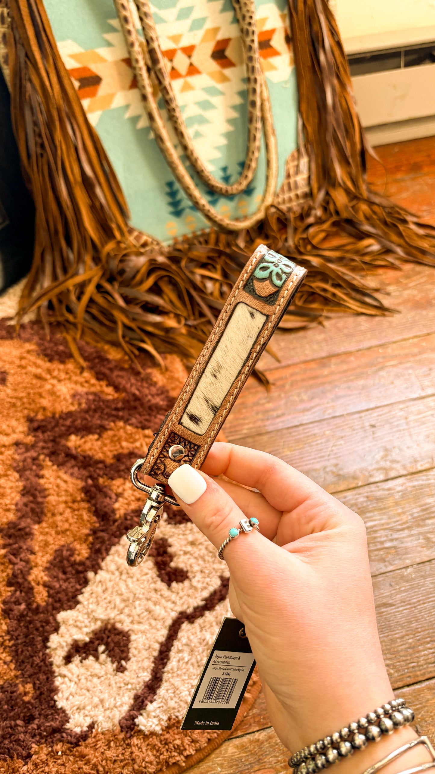 LEATHER TOOLED & COWHIDE KEY FOB