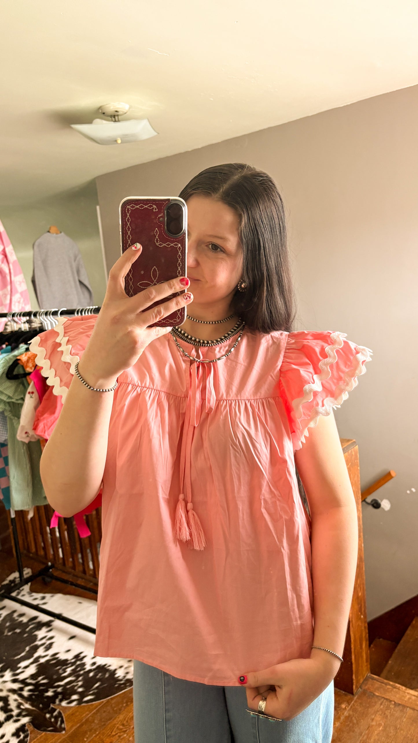 PINK RUFFLE BLOUSE WITH WHITE DETAILING