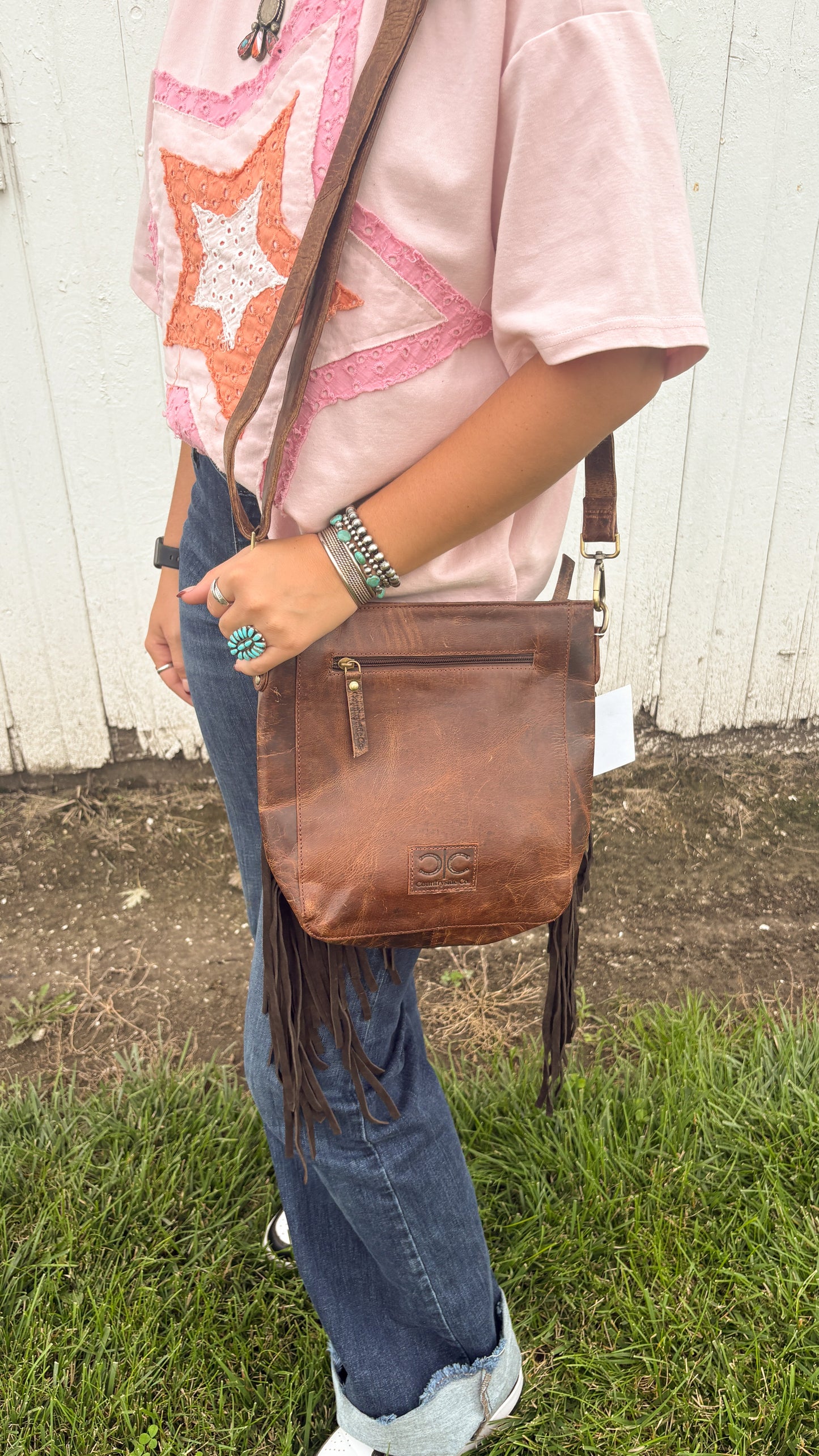 COWHIDE & LEATHER TOOLED LIGHTNING BOLT CROSSBODY BAG - #2