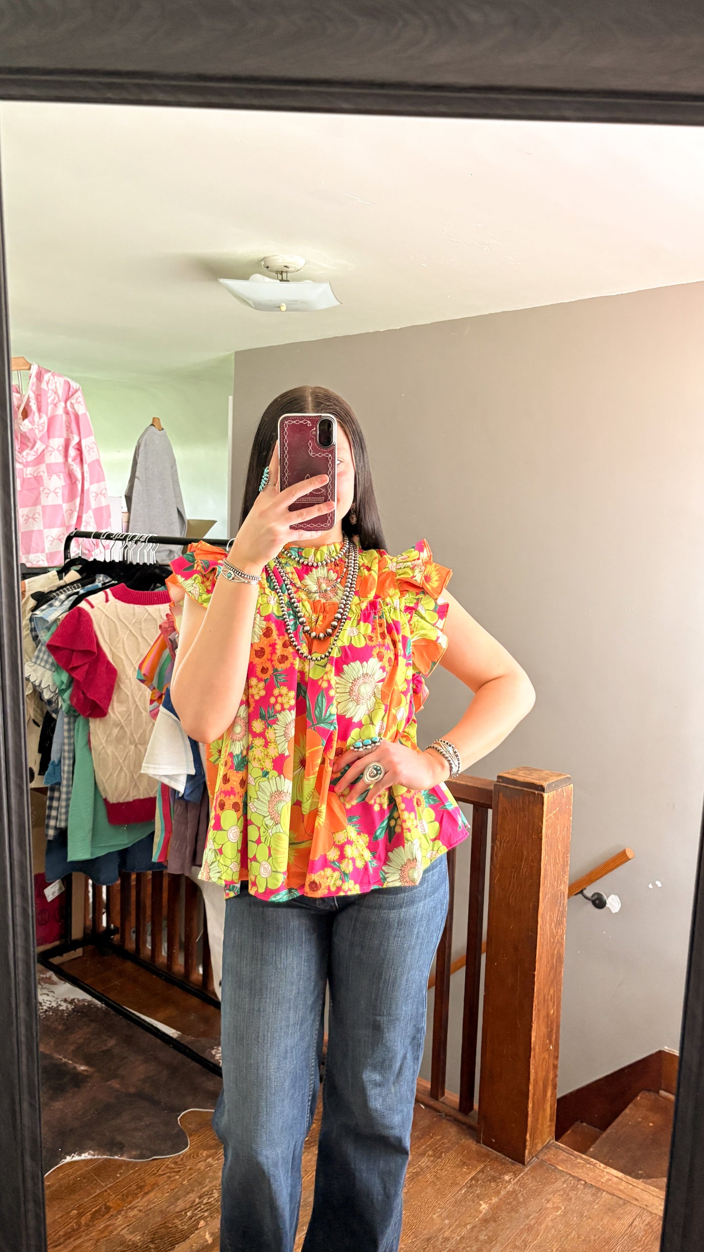 NEON FLORAL RUFFLE BLOUSE