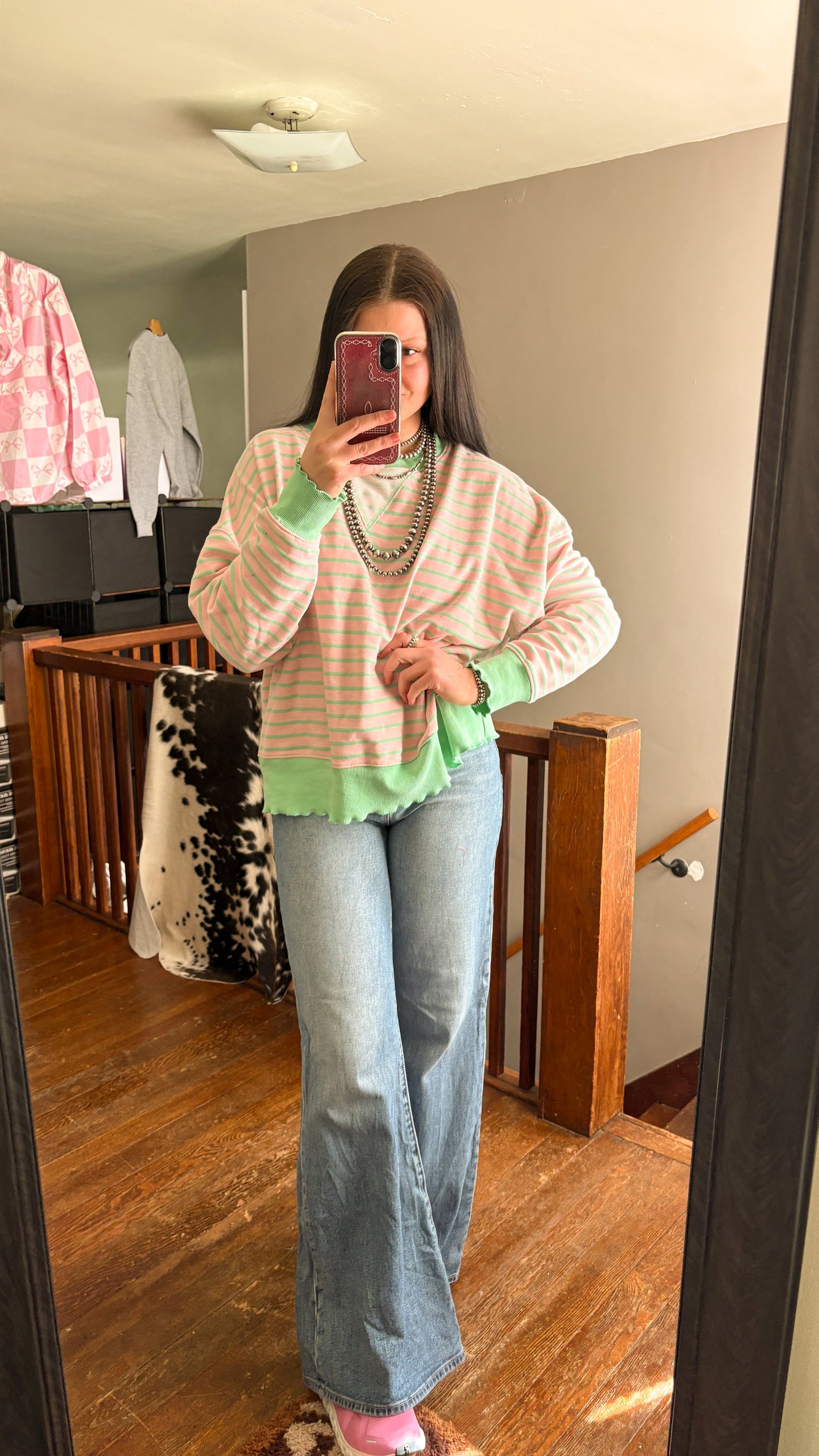 PINK & GREEN STRIPED SWEATER W/ LETTUCE DETAIL