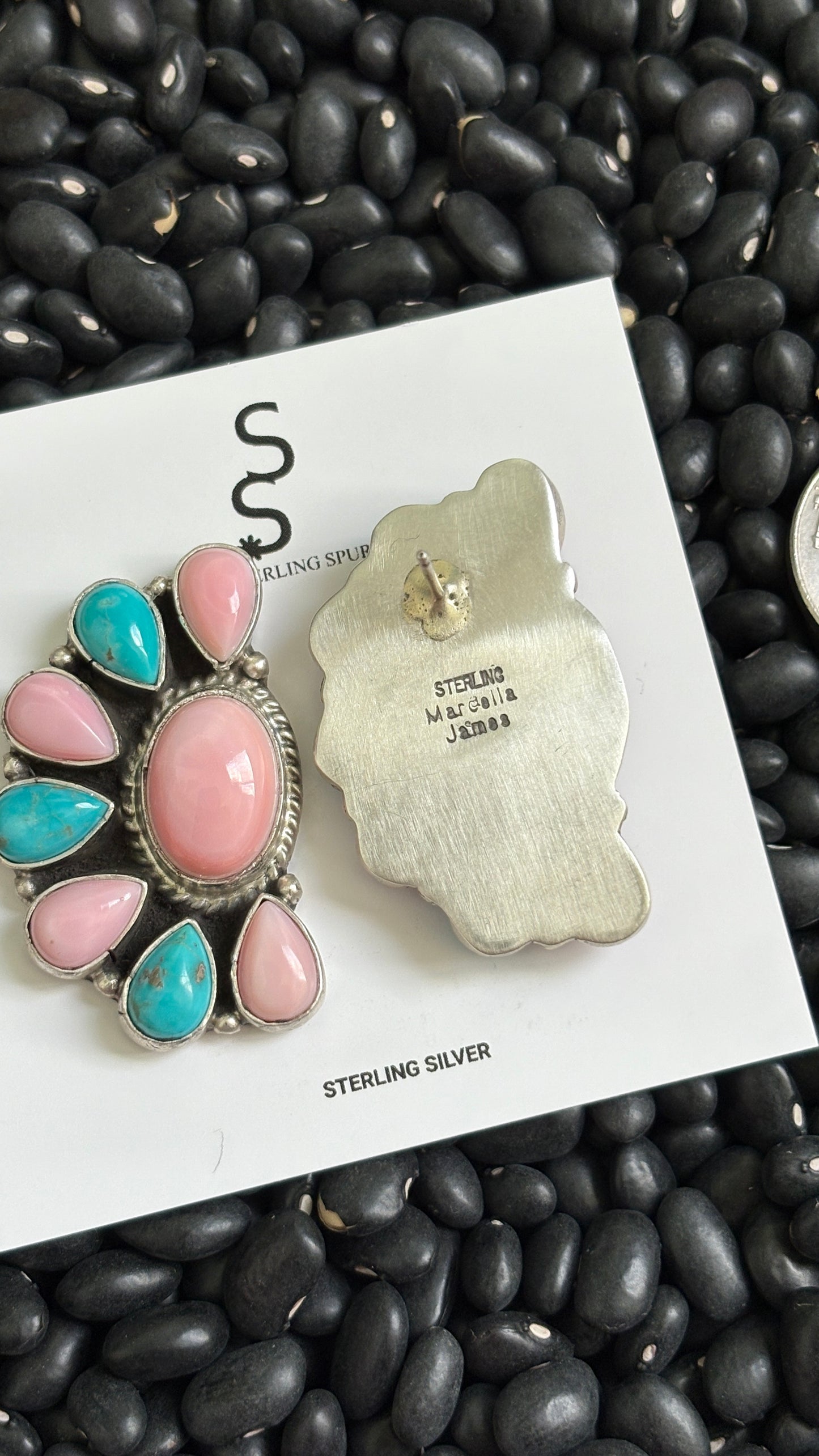 PINK CONCH & TURQUOISE HALF CLUSTER EARRINGS BY MARCELLA JAMES