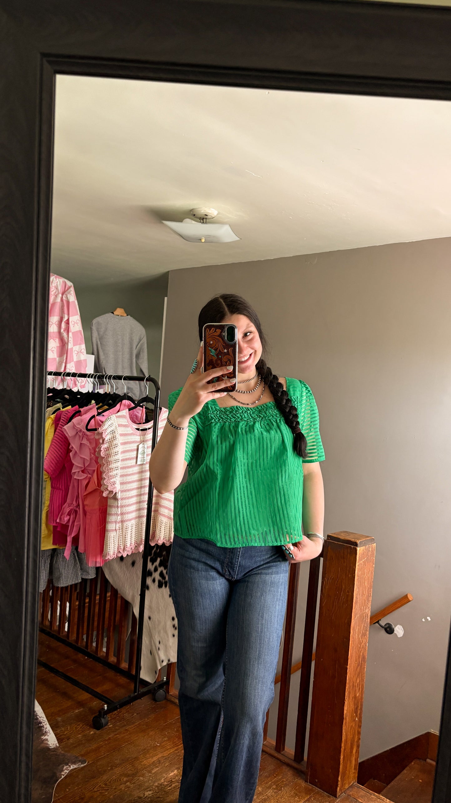 STRIPED PUFF SLEEVE TOP - GREEN
