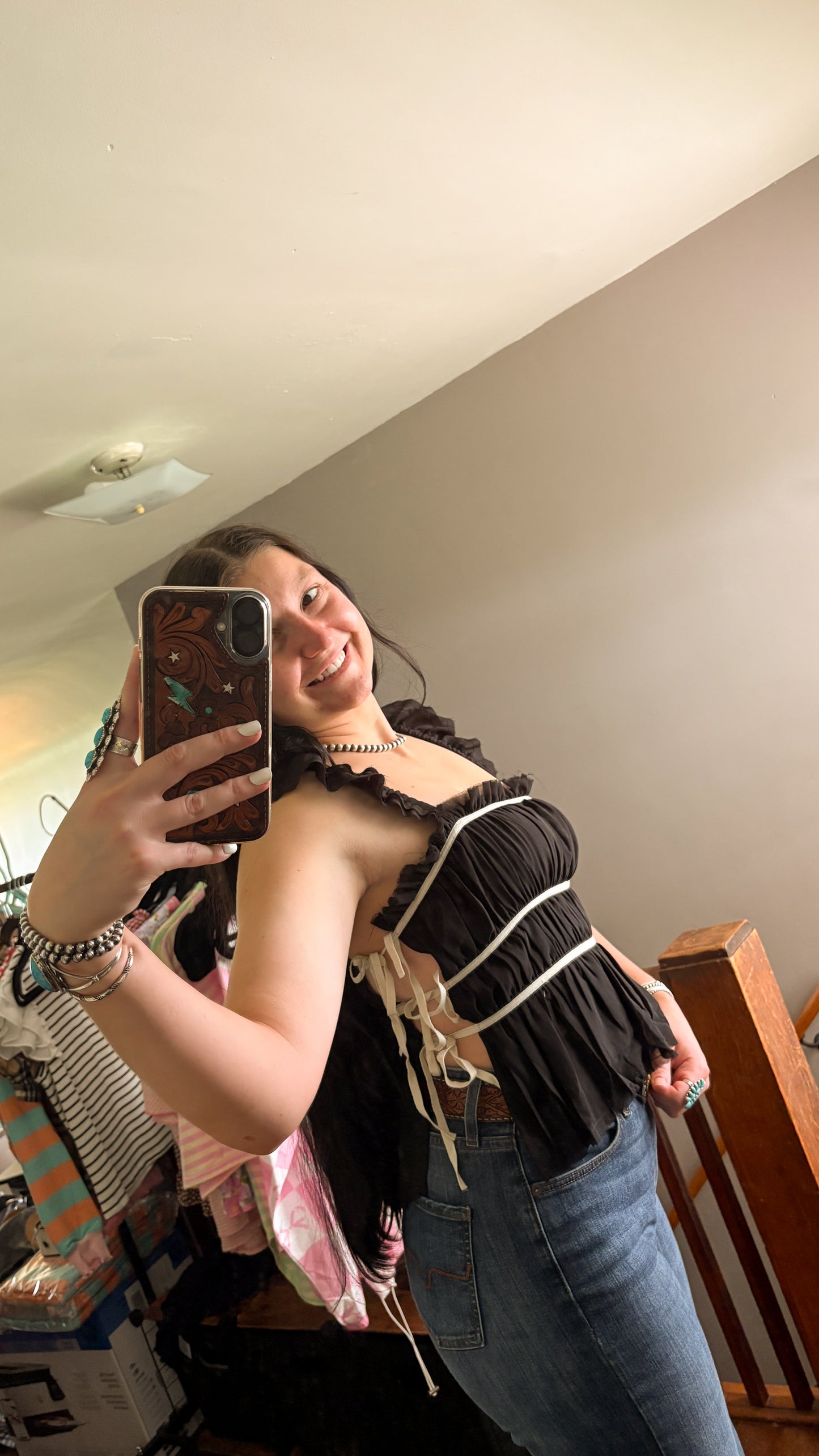 BLACK RUFFLE MESH SIDE TIE TOP