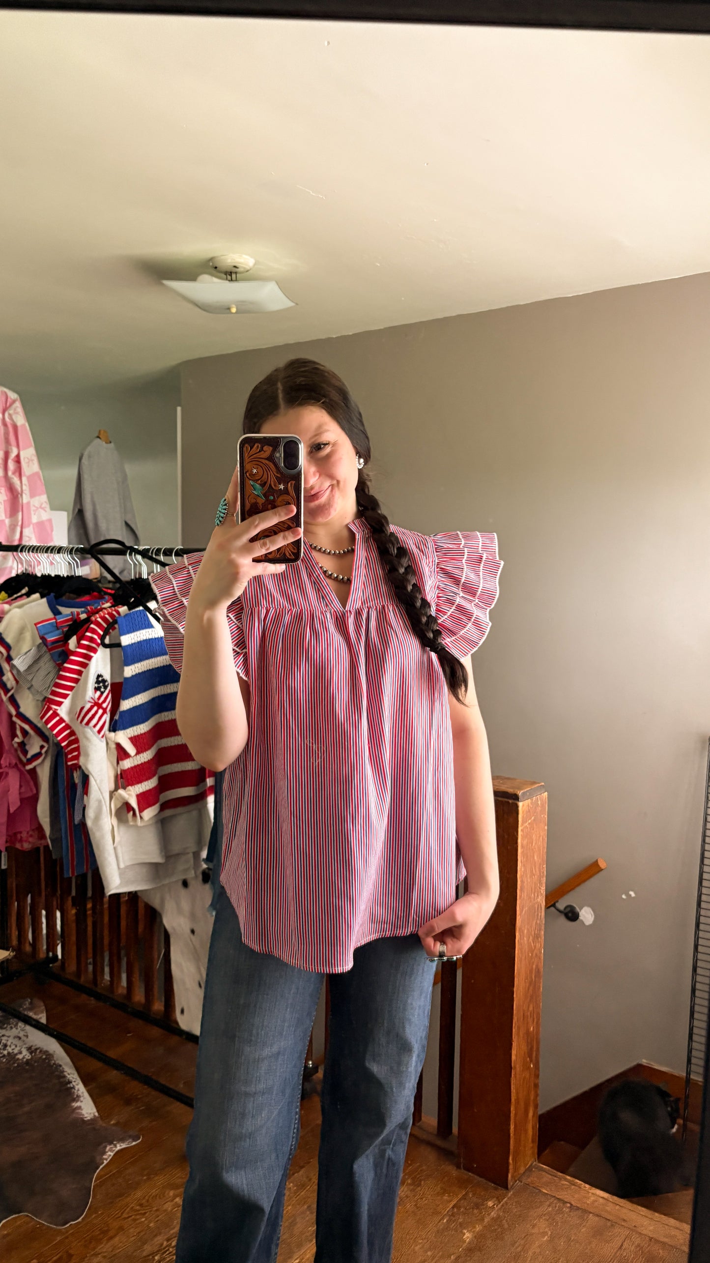 AMERICA PINSTRIPE RUFFLE TOP