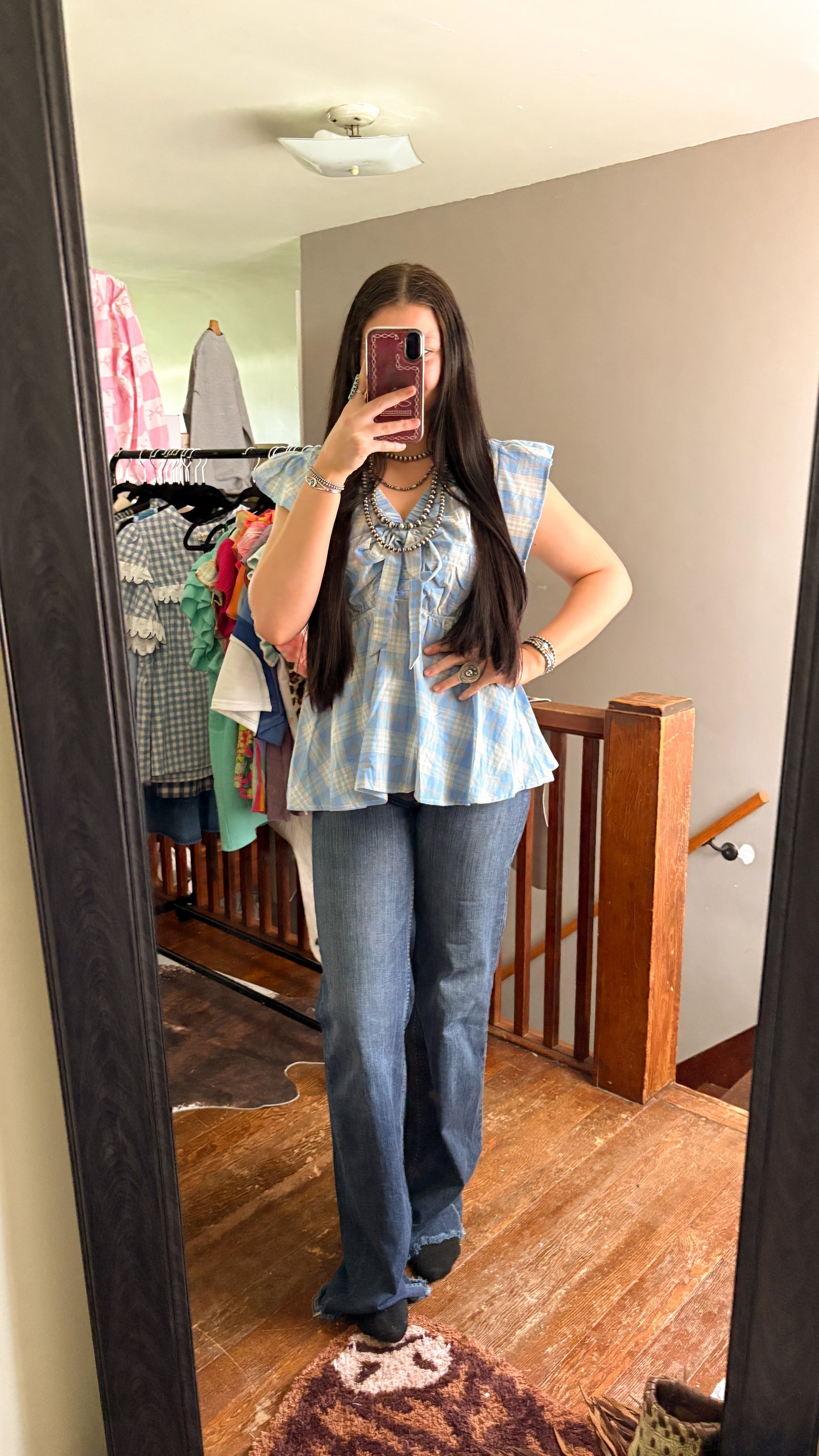 GINGHAM RUFFLE BOW TOP - BLUE