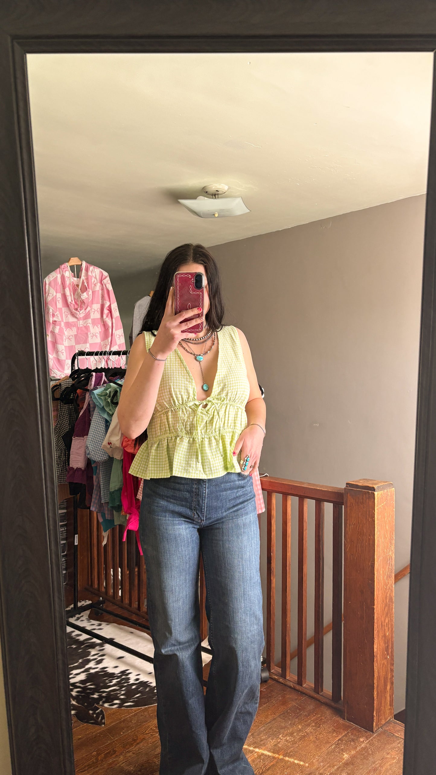 GINGHAM RUFFLE SLEEVELESS TOP - LIME GREEN
