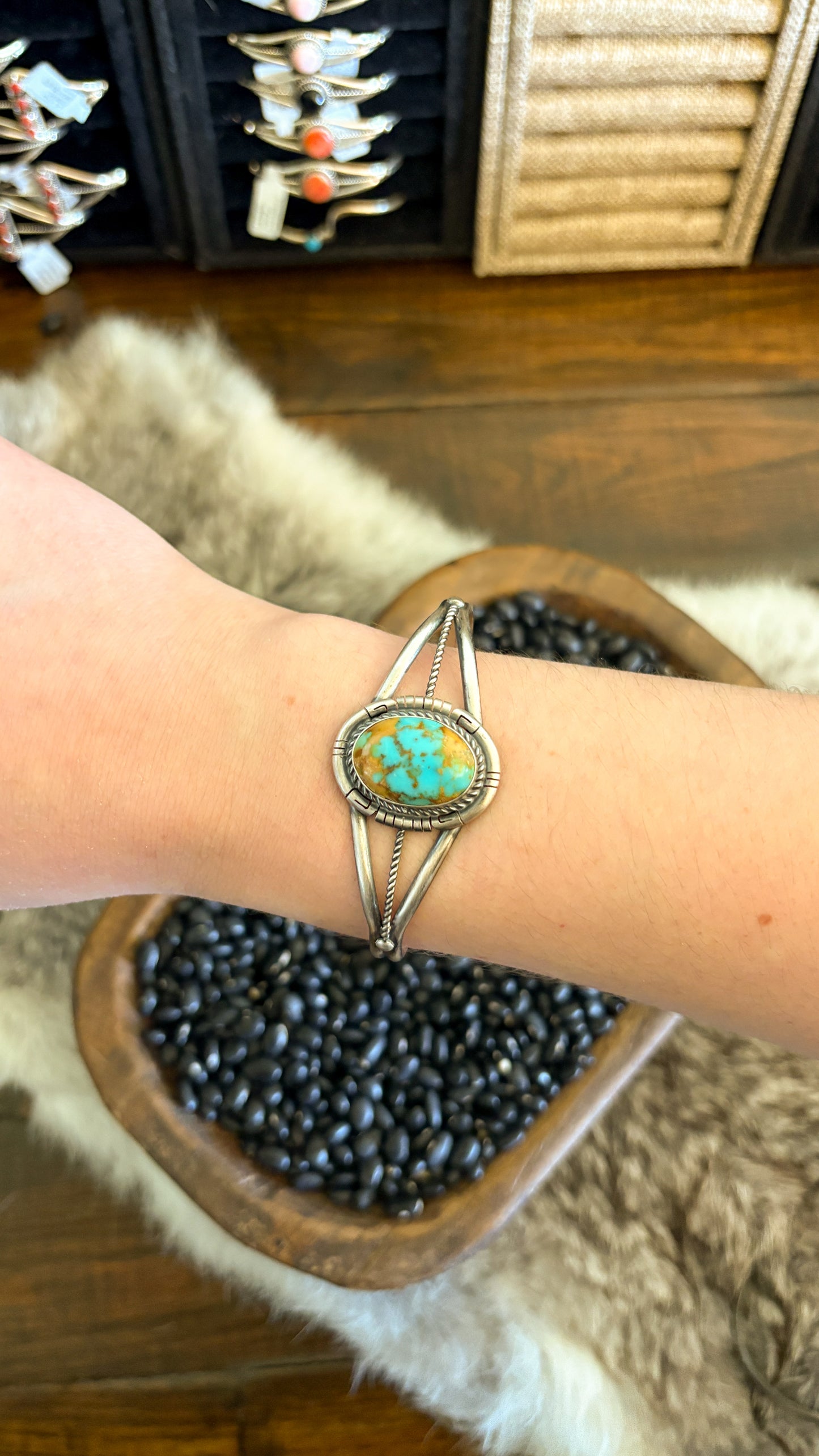 LARGE TURQUOISE CUFF W/ ROPE DETAIL BY DAVE SKEETS