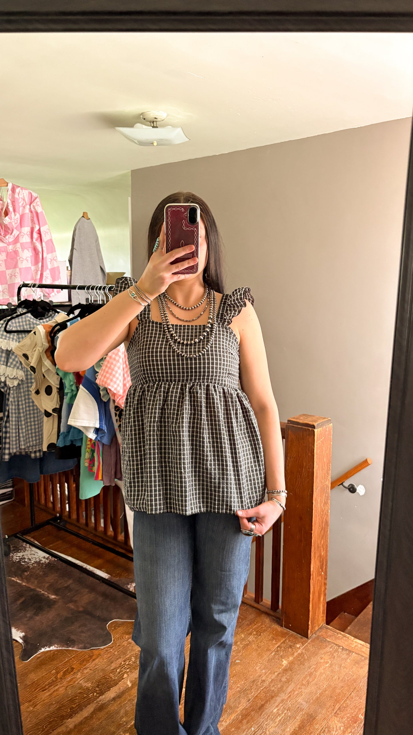 GINGHAM RUFFLE TANK TOP - BLACK