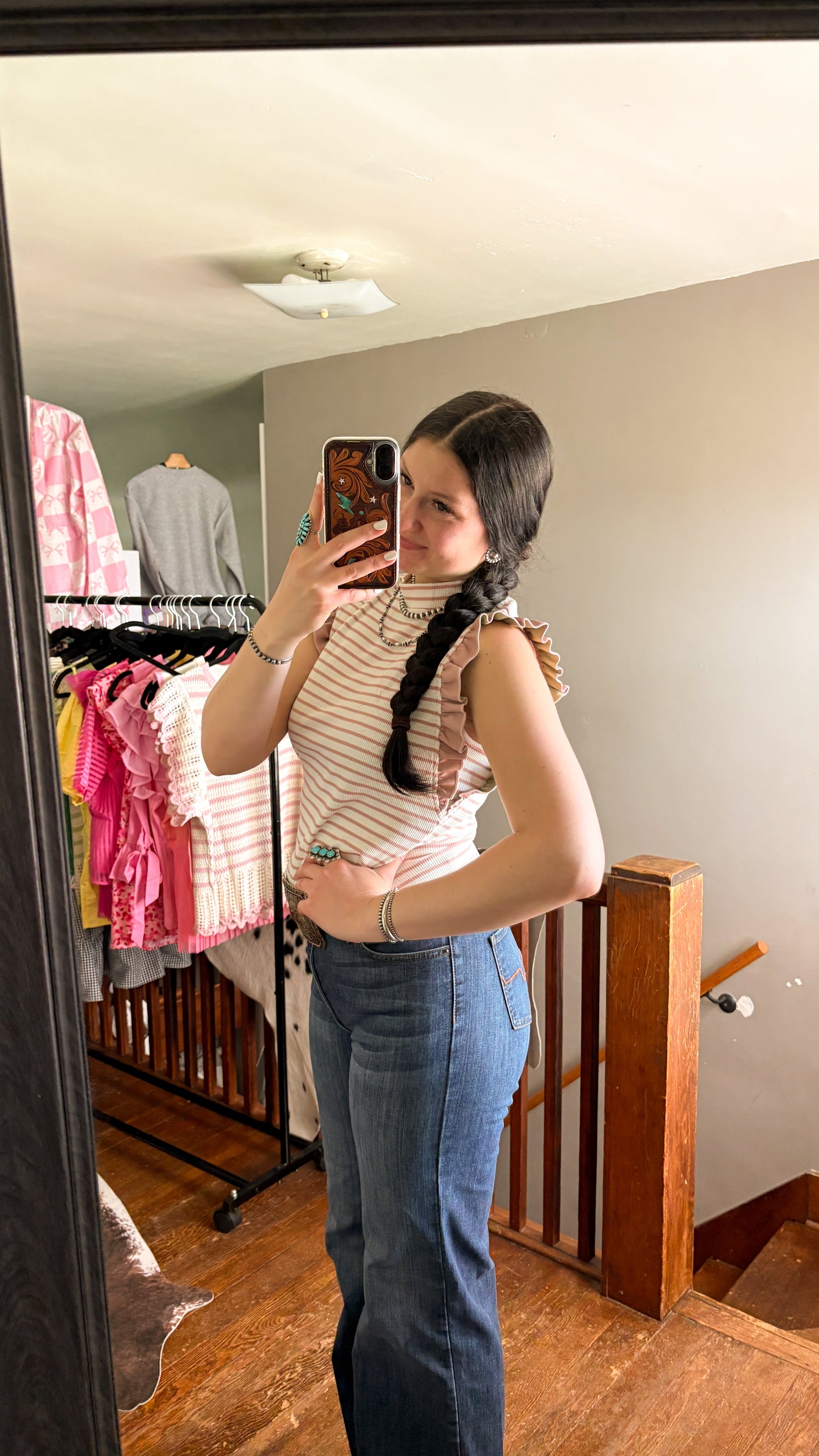 LEATHER RUFFLE SLEEVE STRIPED TANK