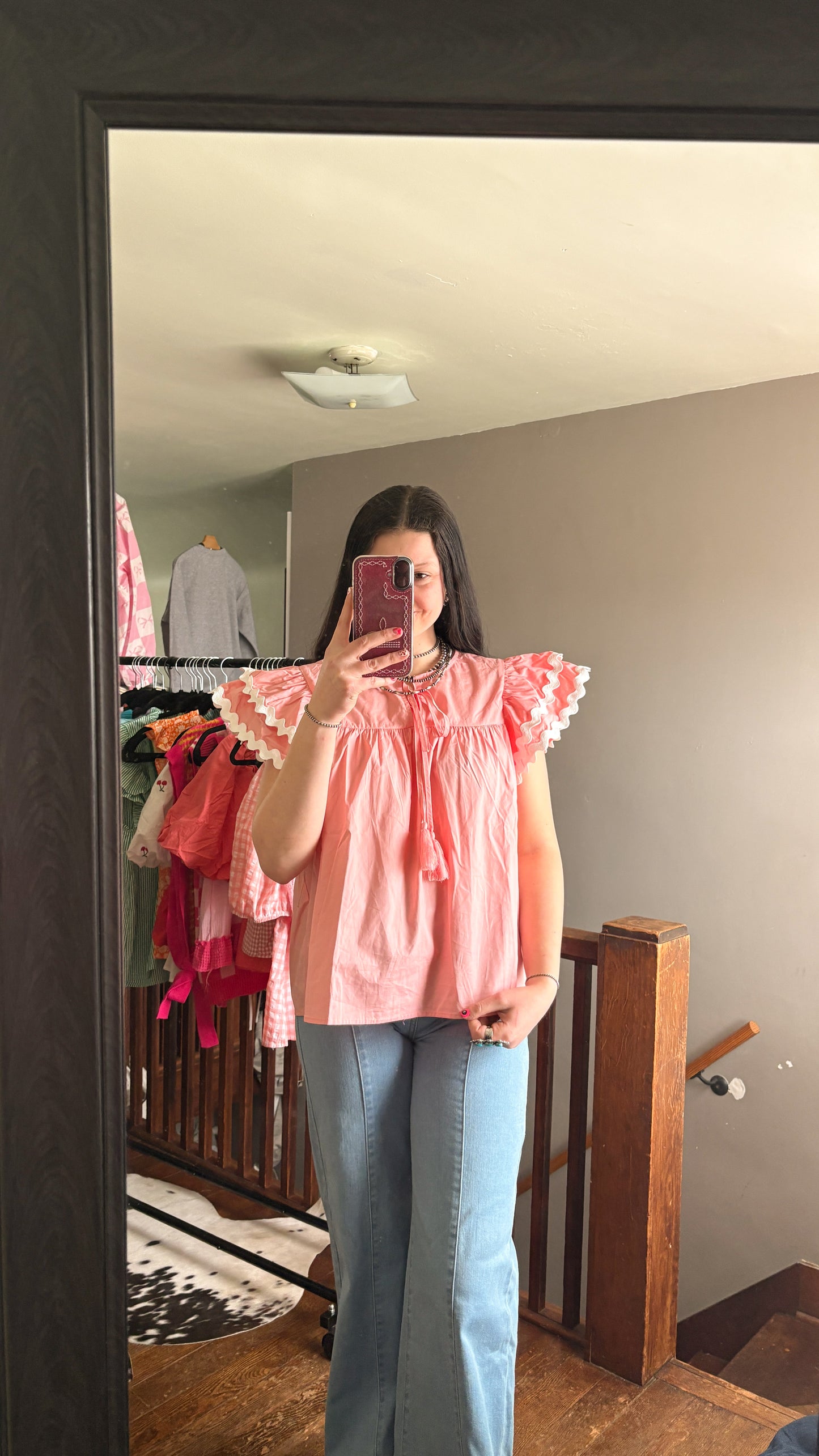 PINK RUFFLE BLOUSE WITH WHITE DETAILING