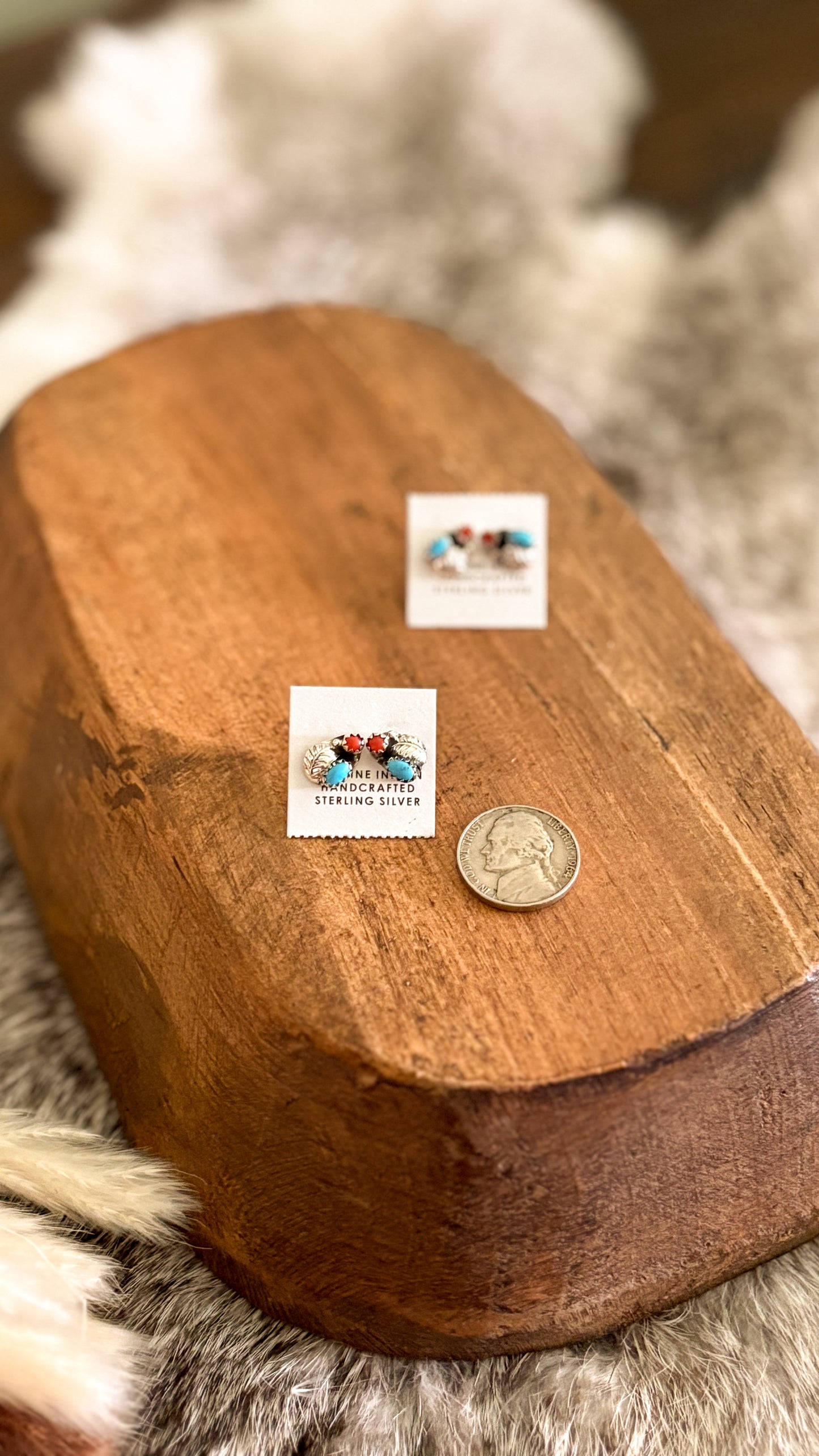 CORAL & TURQUOISE FEATHER STUDS