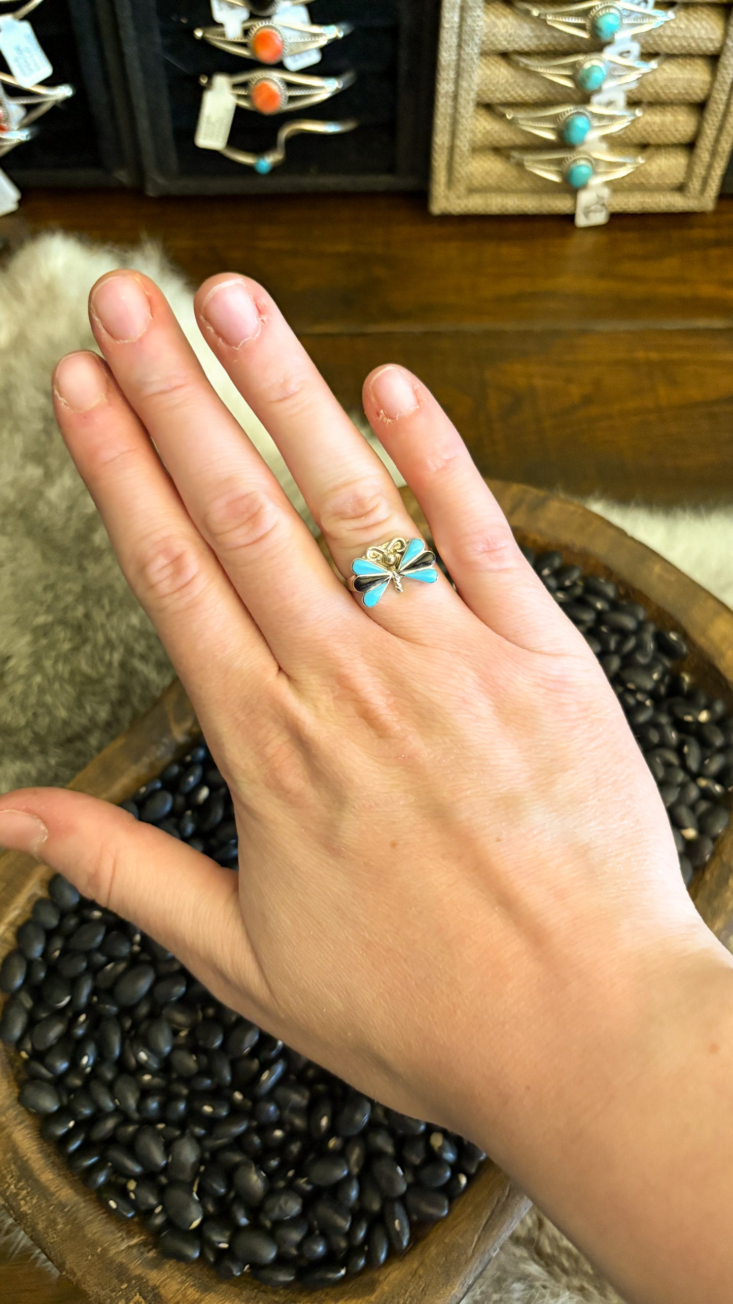 BLACK ONYX & TURQUOISE BUTTERFLY RING