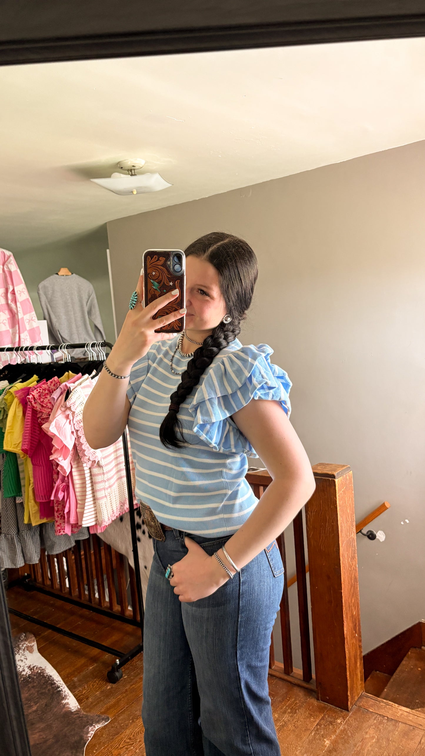BLUE STRIPED RUFFLE TOP