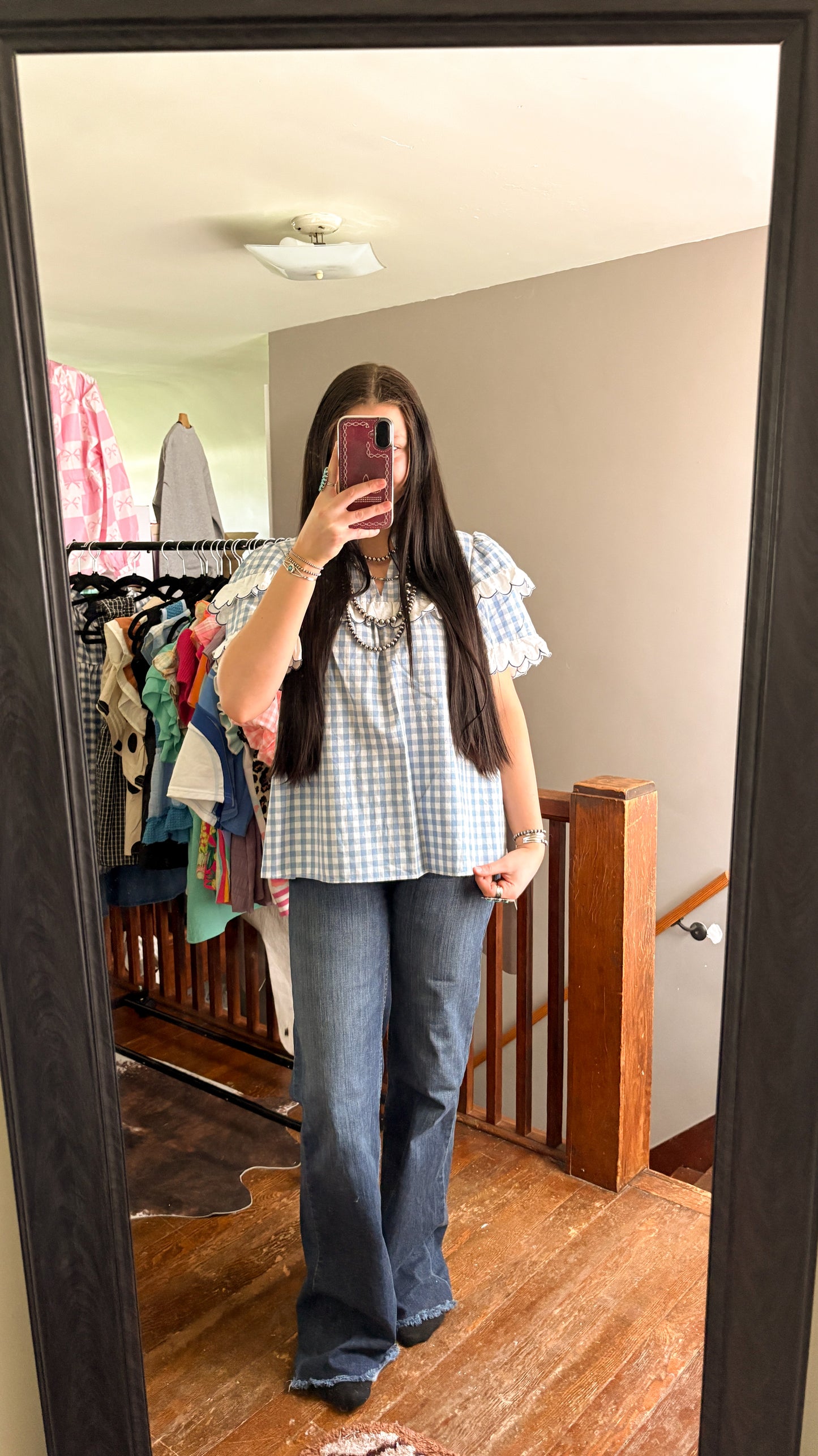 BLUE GINGHAM SCALLOPED TOP