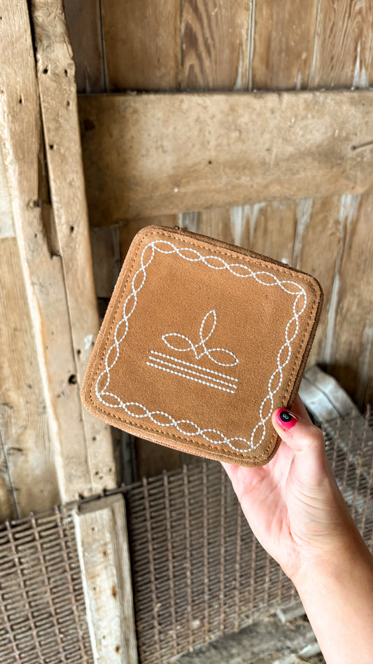 TAN BOOTSTITCH SUEDE LEATHER JEWELRY BOX