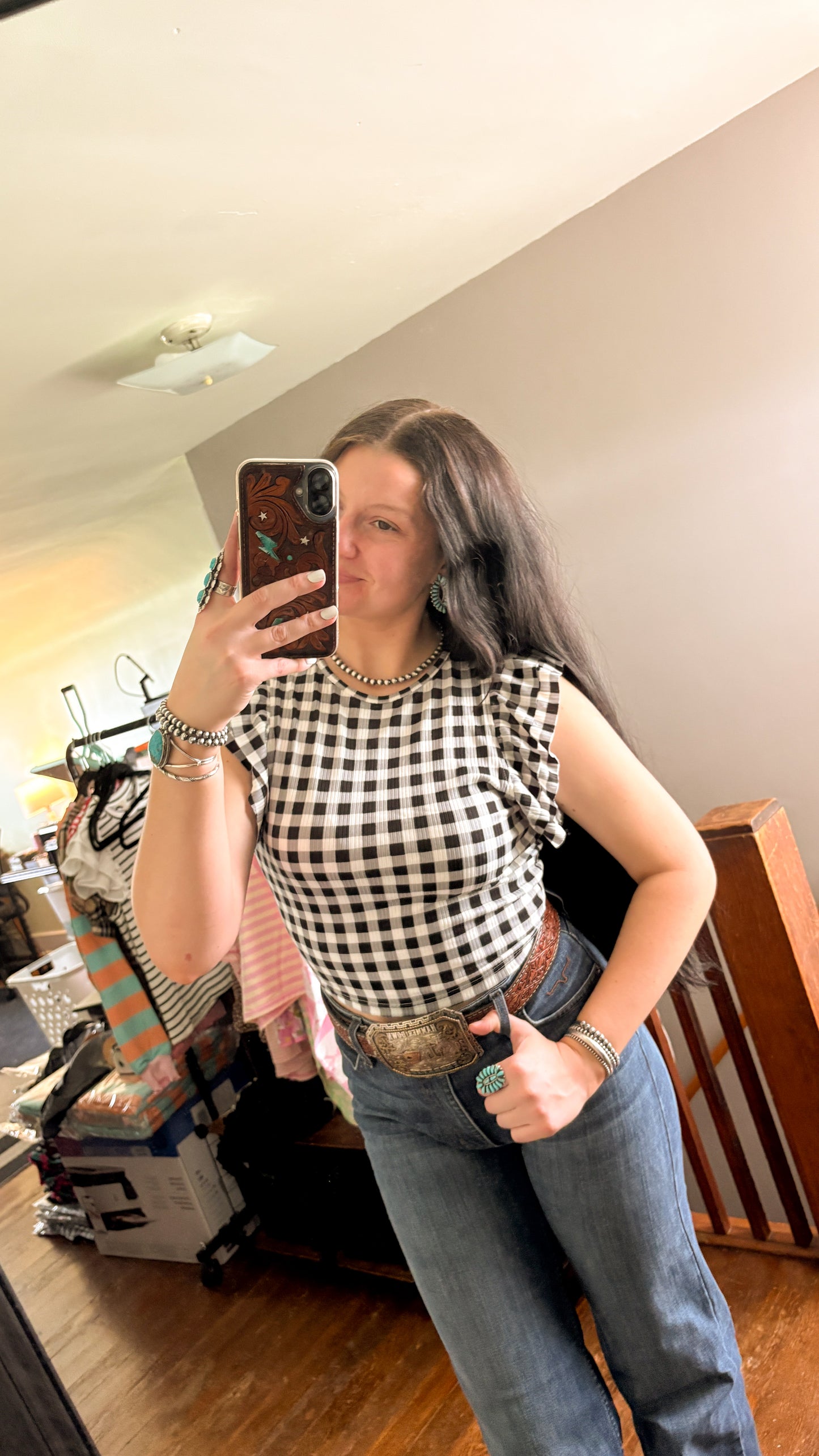 CROPPED GINGHAM RUFFLE TOP - BLACK