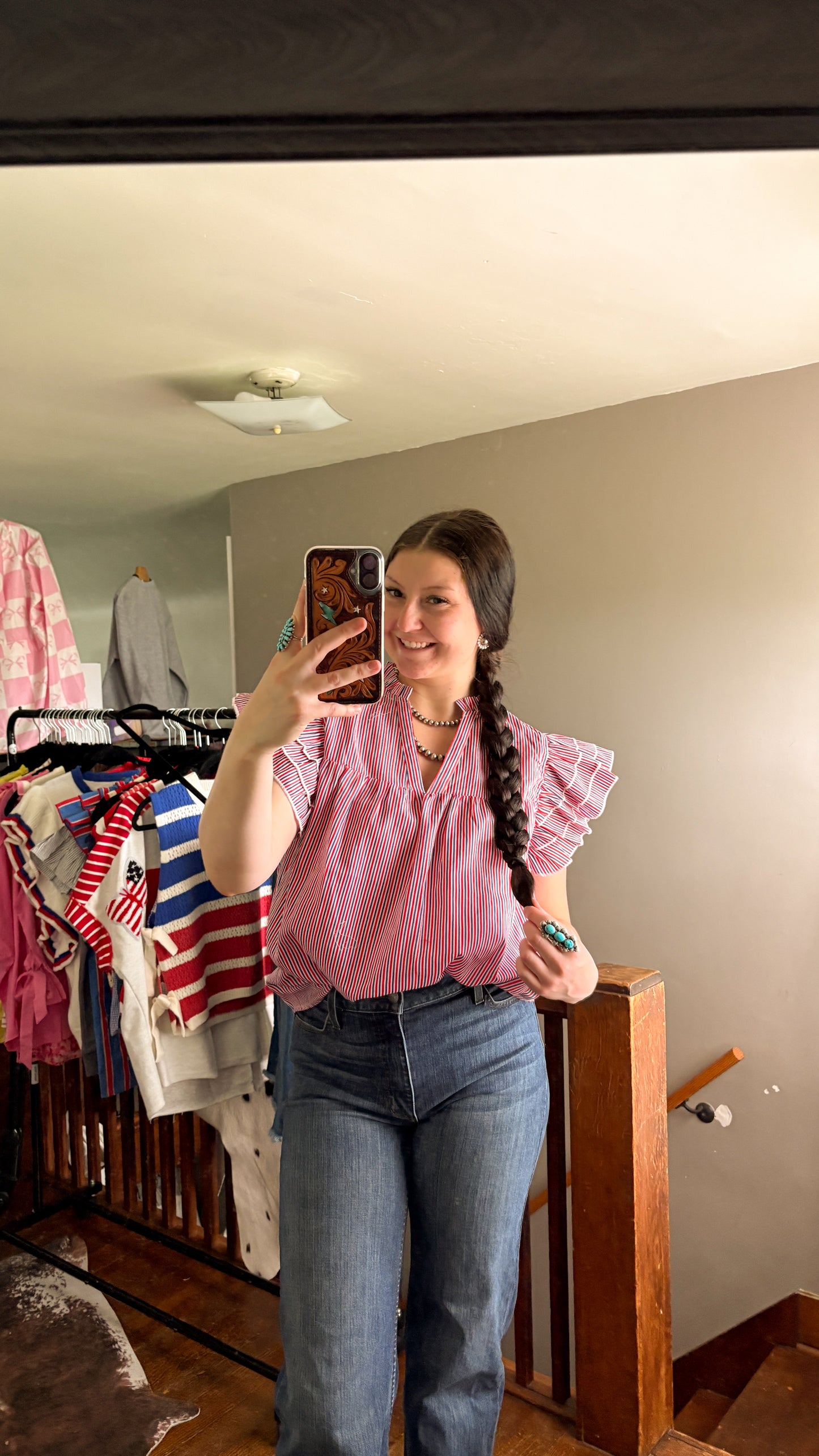 AMERICA PINSTRIPE RUFFLE TOP