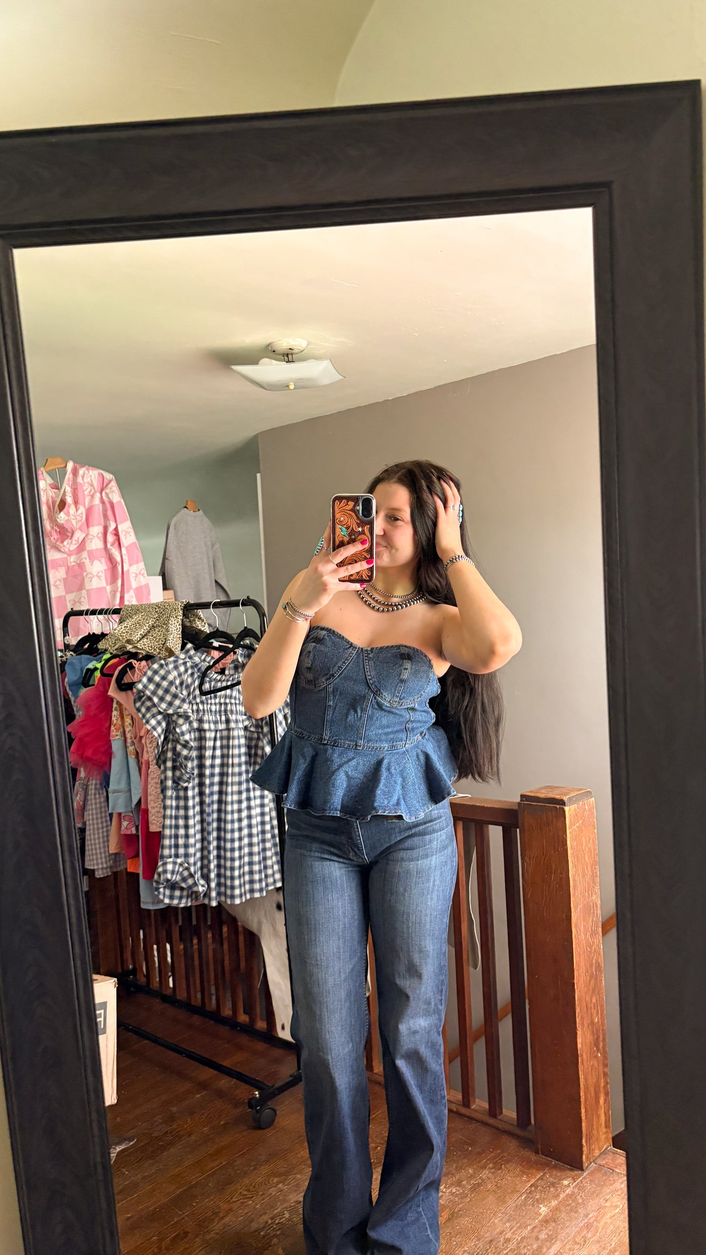 STRAPLESS DENIM RUFFLE CORSET TOP