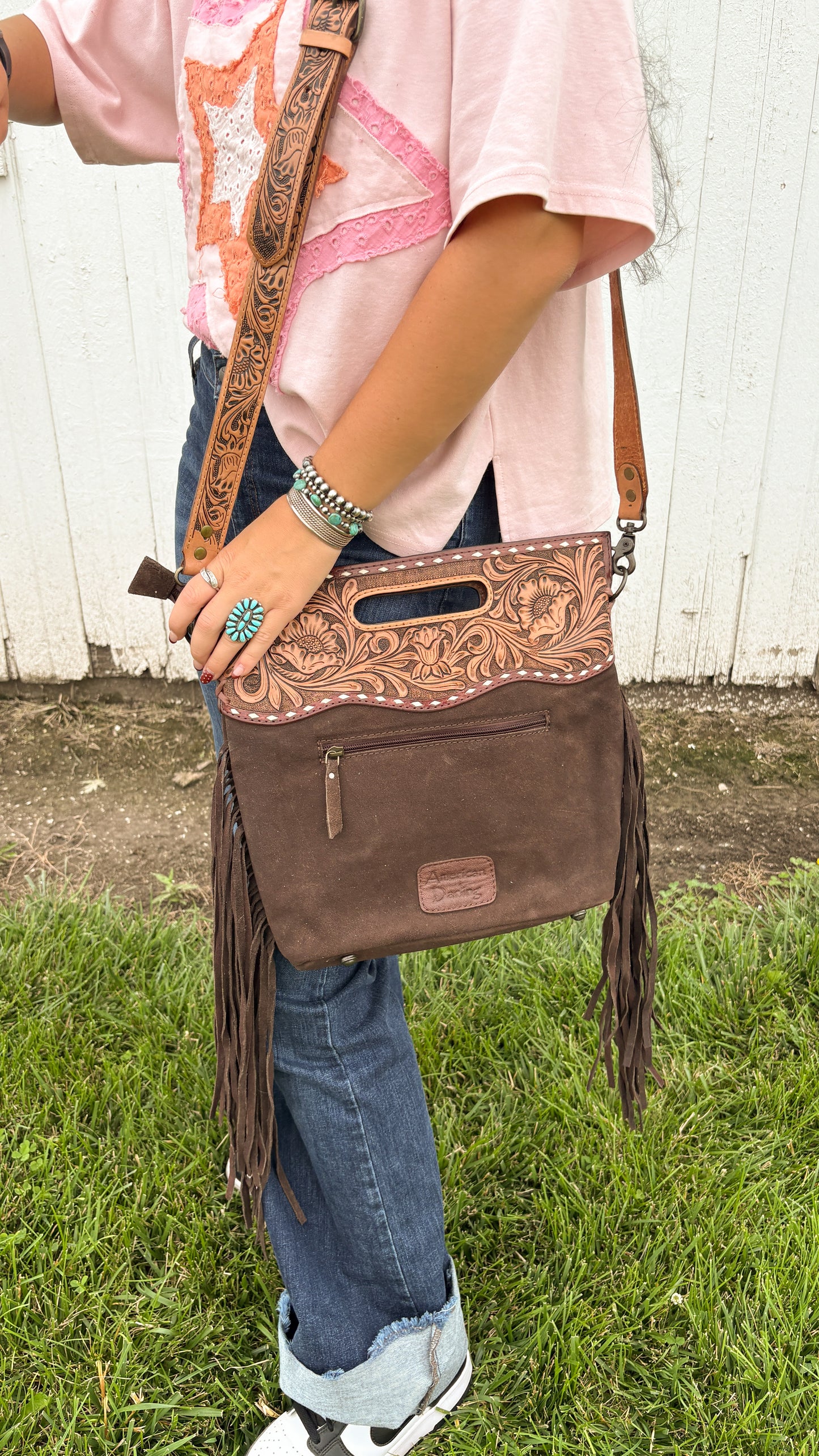 BROWN SUEDE BOOTSTITCH & LEATHER TOOLED CROSSBODY BAG