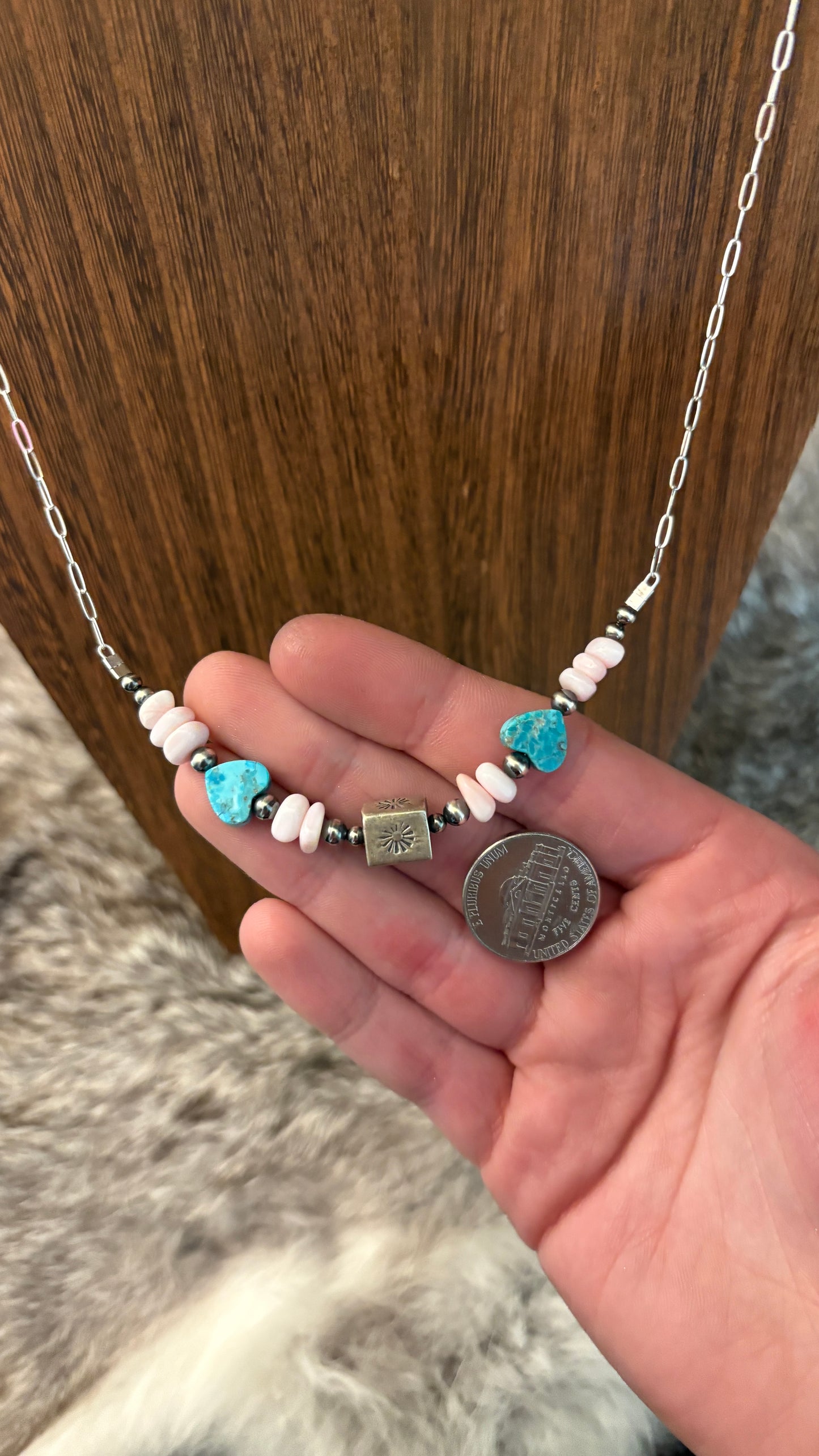 TURQUOISE HEART & PINK CONCH CHIP BARREL BEAD CHAIN NECKLACE