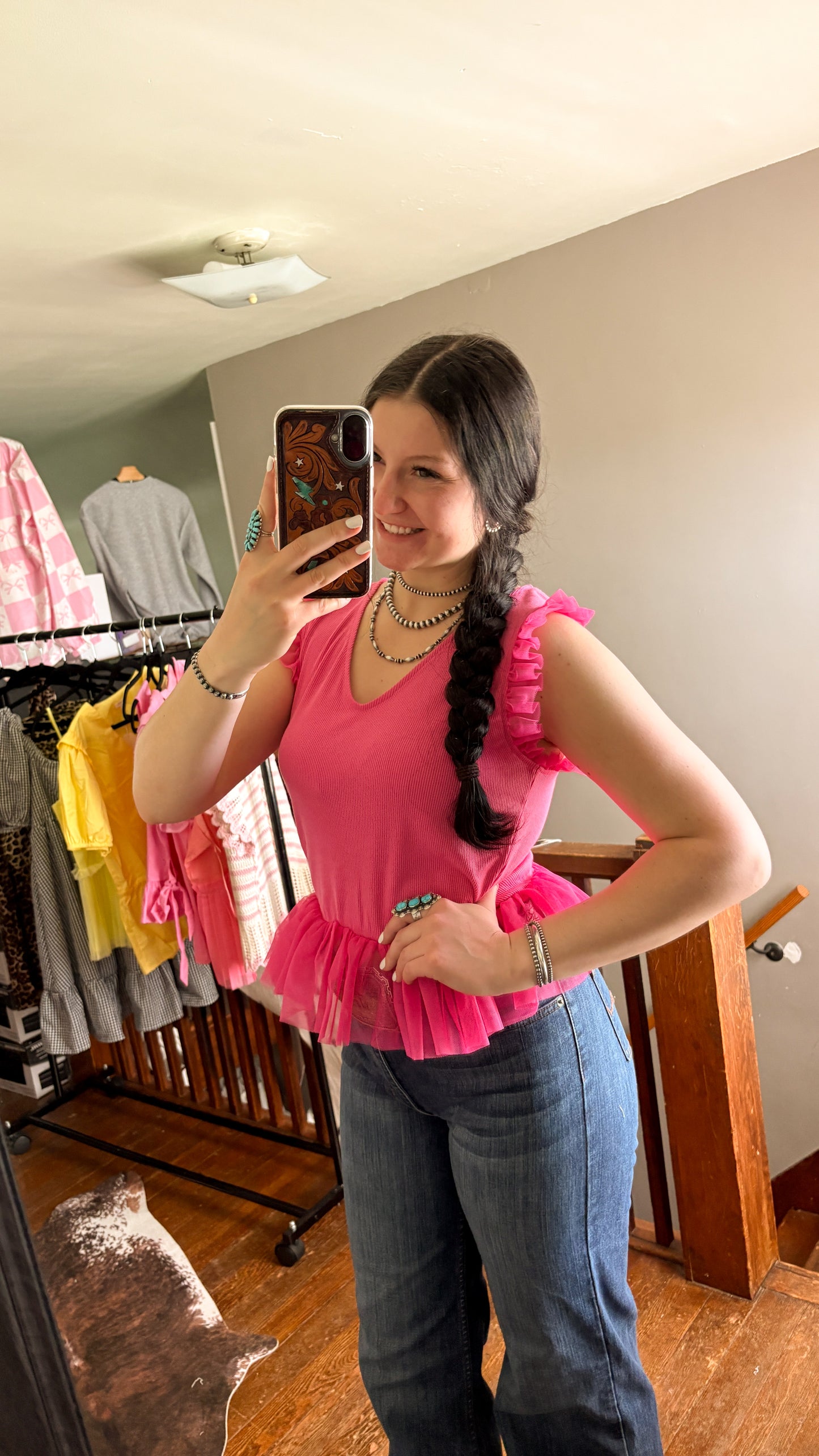 V NECK MESH RUFFLE TOP - HOT PINK