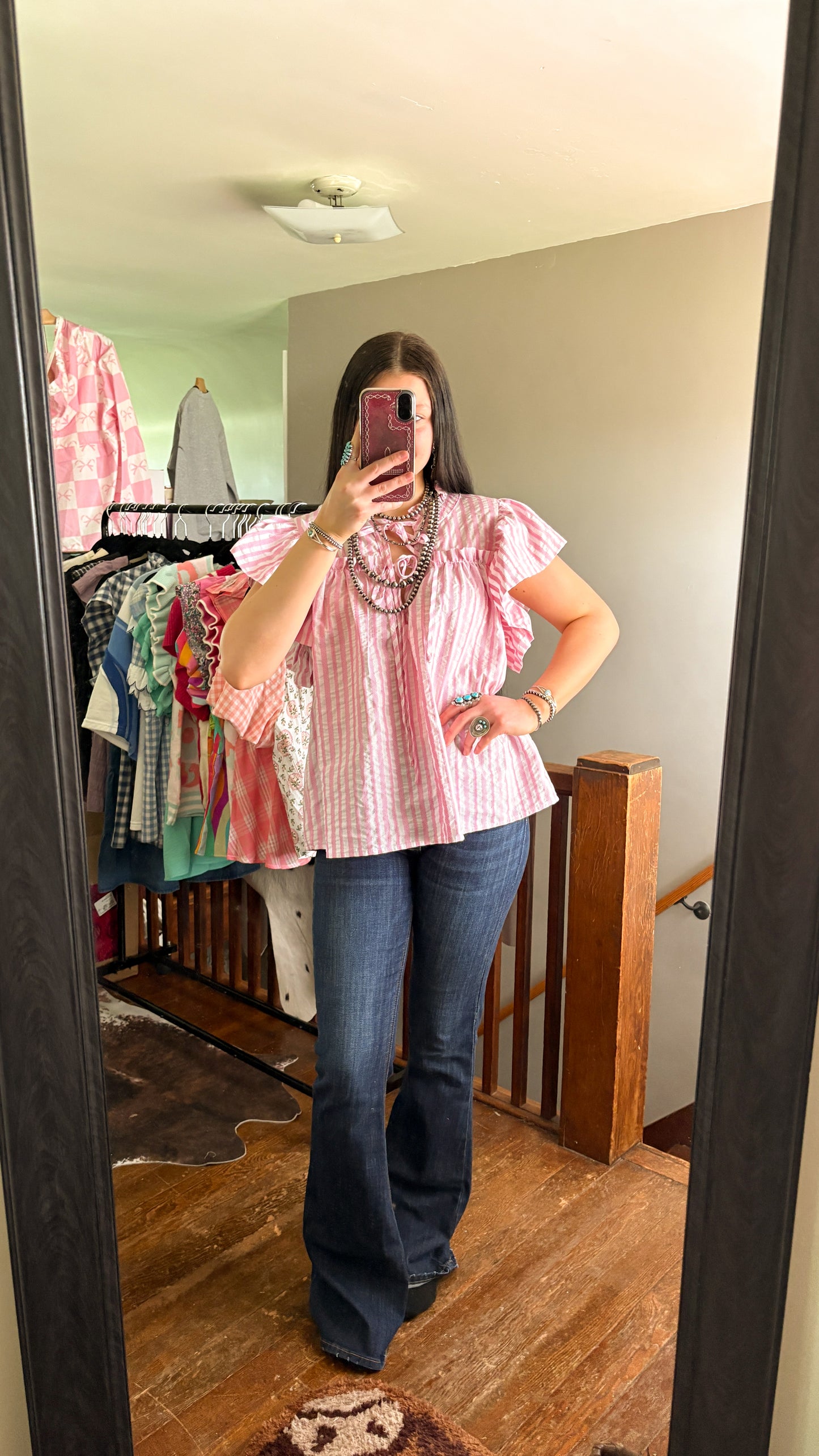 PINK & WHITE STRIPED RUFFLE BLOUSE