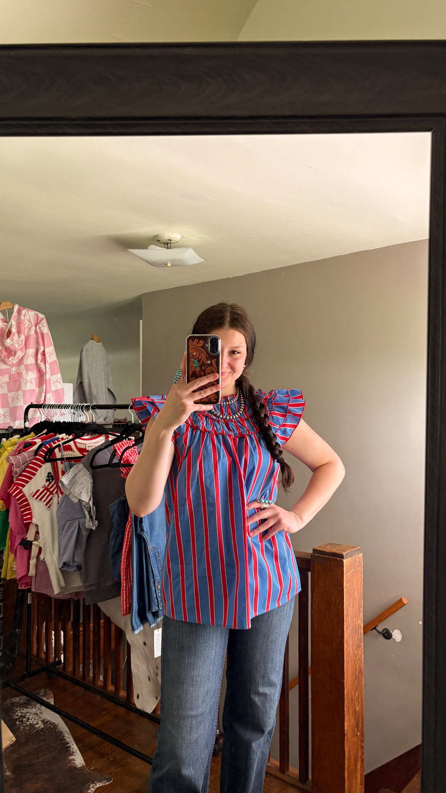 STRIPED HIGH NECK RUFFLE TOP