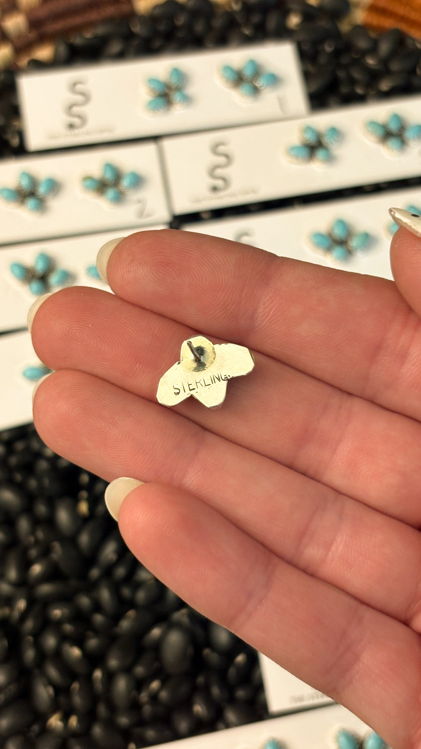 MINI KINGMAN TURQUOISE HALF CLUSTER EARRINGS BY MAXINE RAMIREZ
