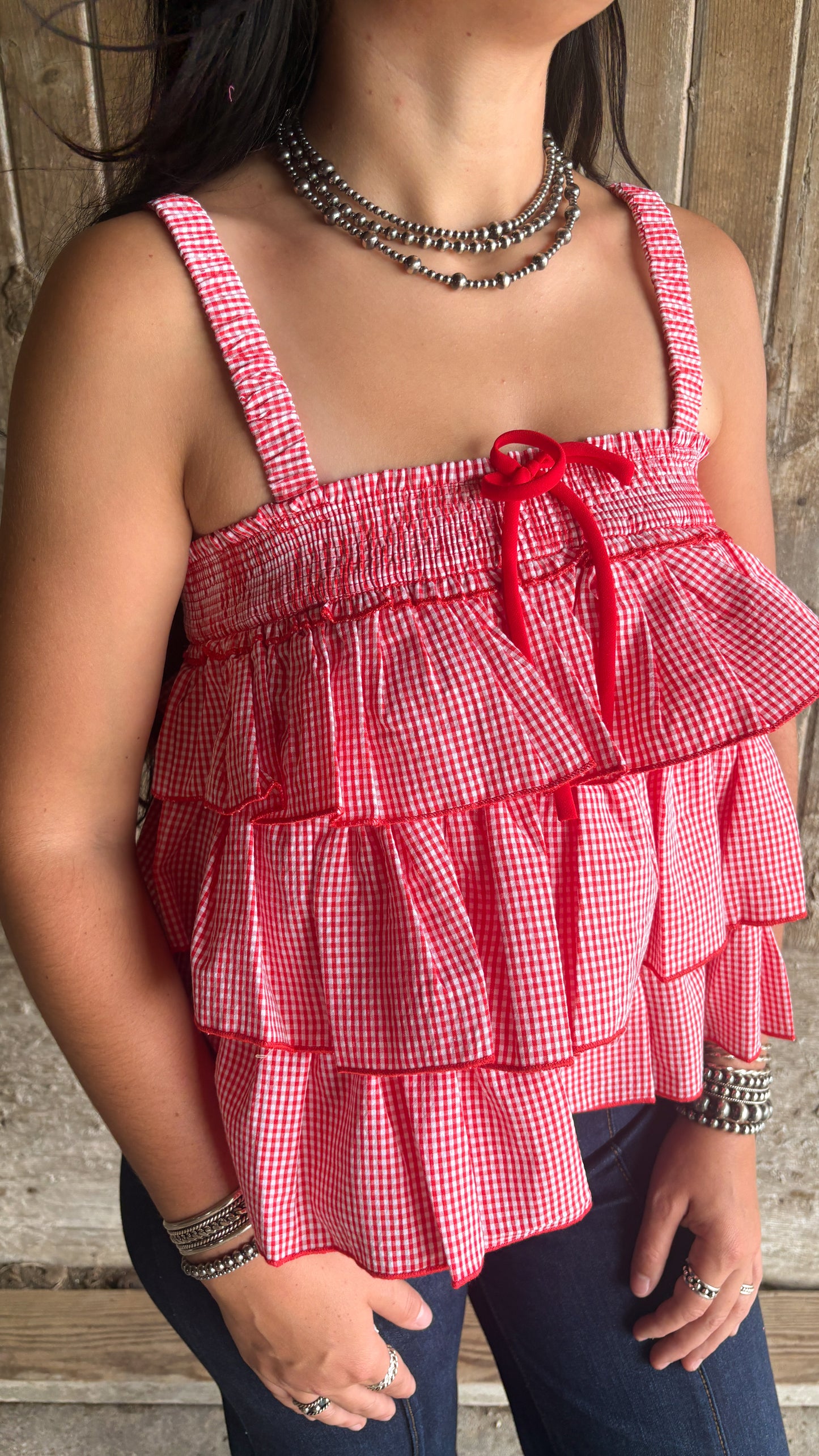 RED CHECKERED RUFFLE TOP
