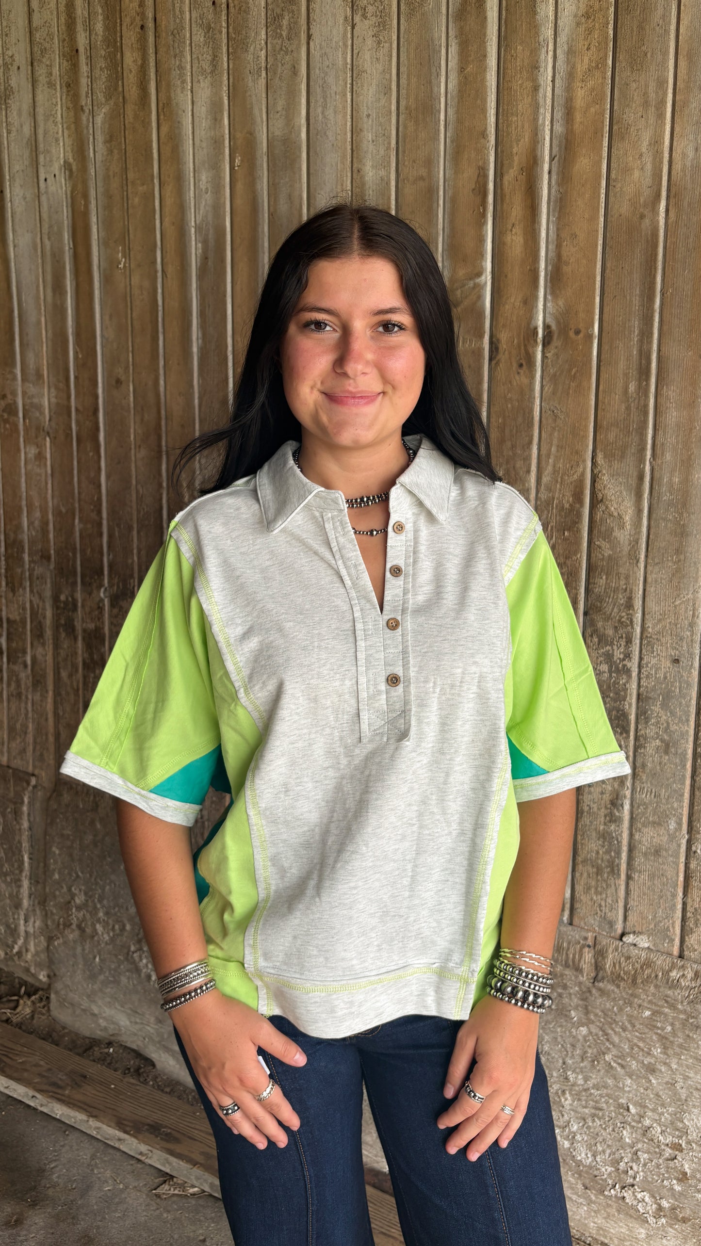 BLUE & GREEN COLLARED OVERSIZED TEE