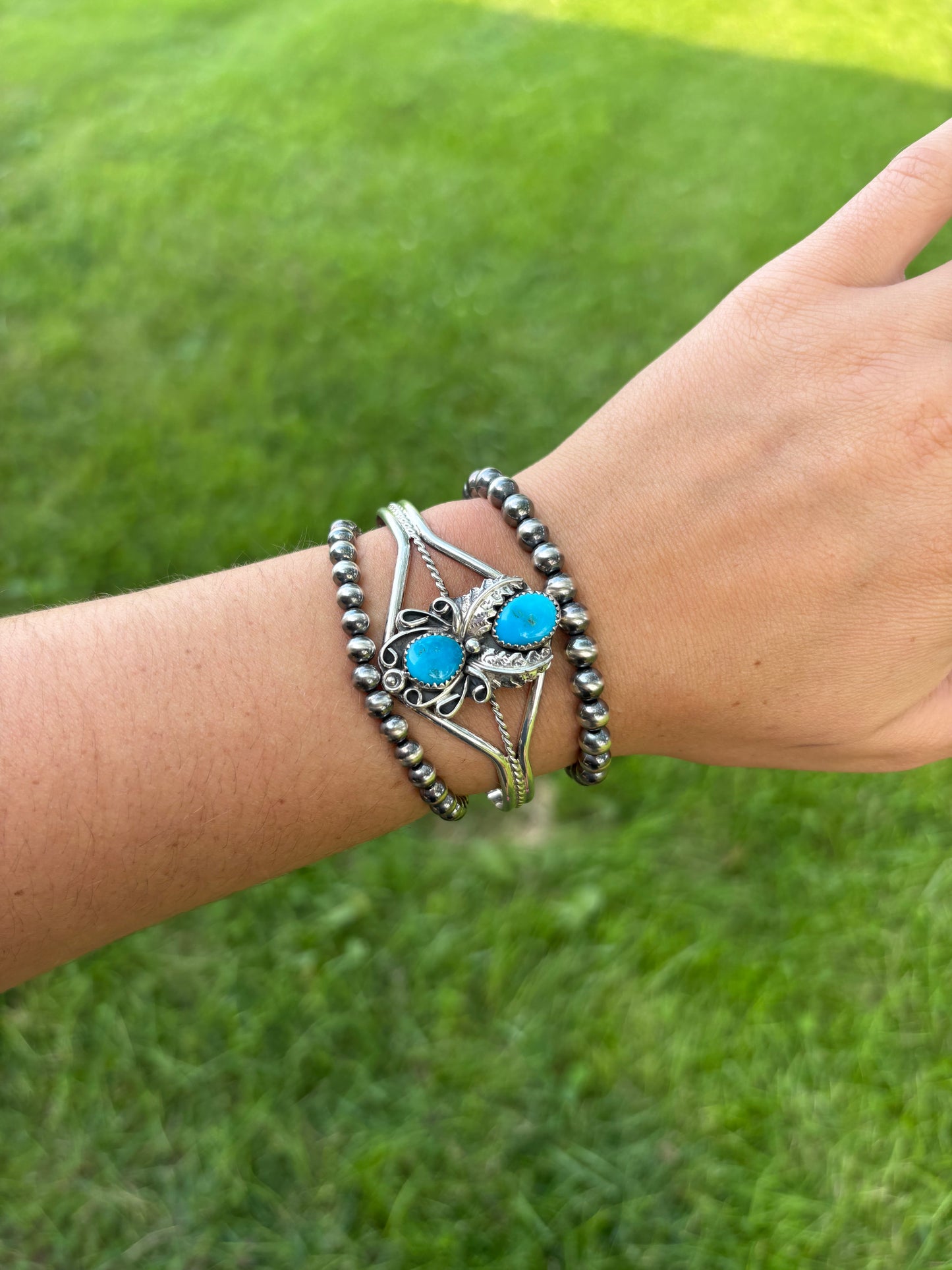 DOUBLE STONE TURQUOISE FEATHER CUFF