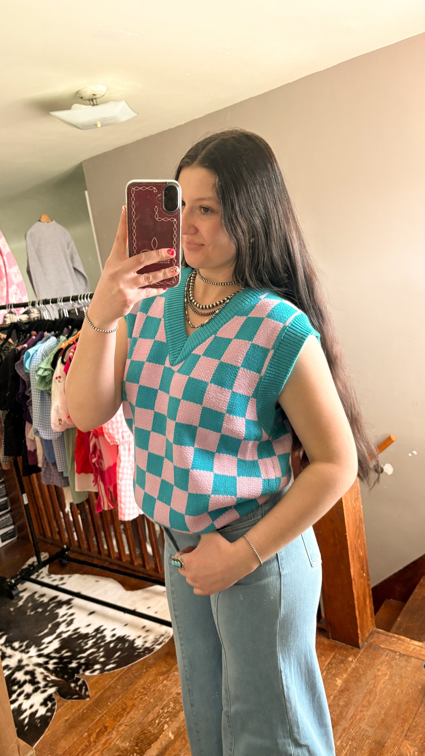 CHECKERED SWEATER VEST - BLUE/LAVENDER