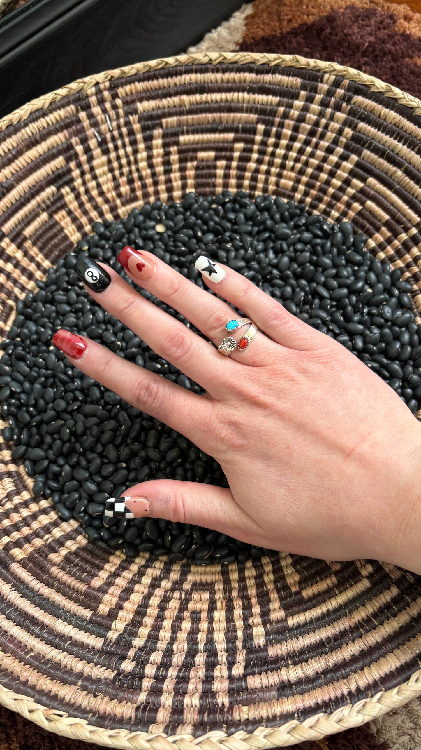 KINGMAN TURQUOISE & CORAL ADJUSTABLE FLOWER RING BY ROBERT MARTINEZ