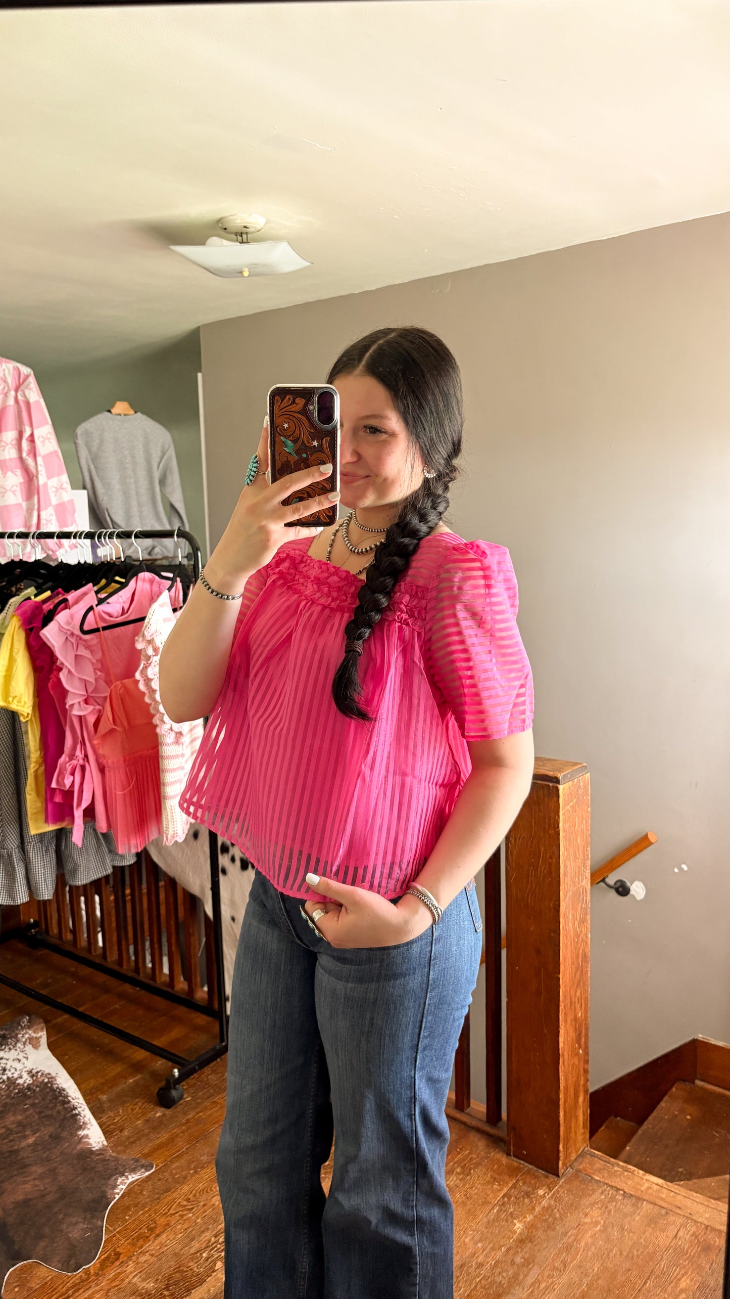 STRIPED PUFF SLEEVE TOP - HOT PINK