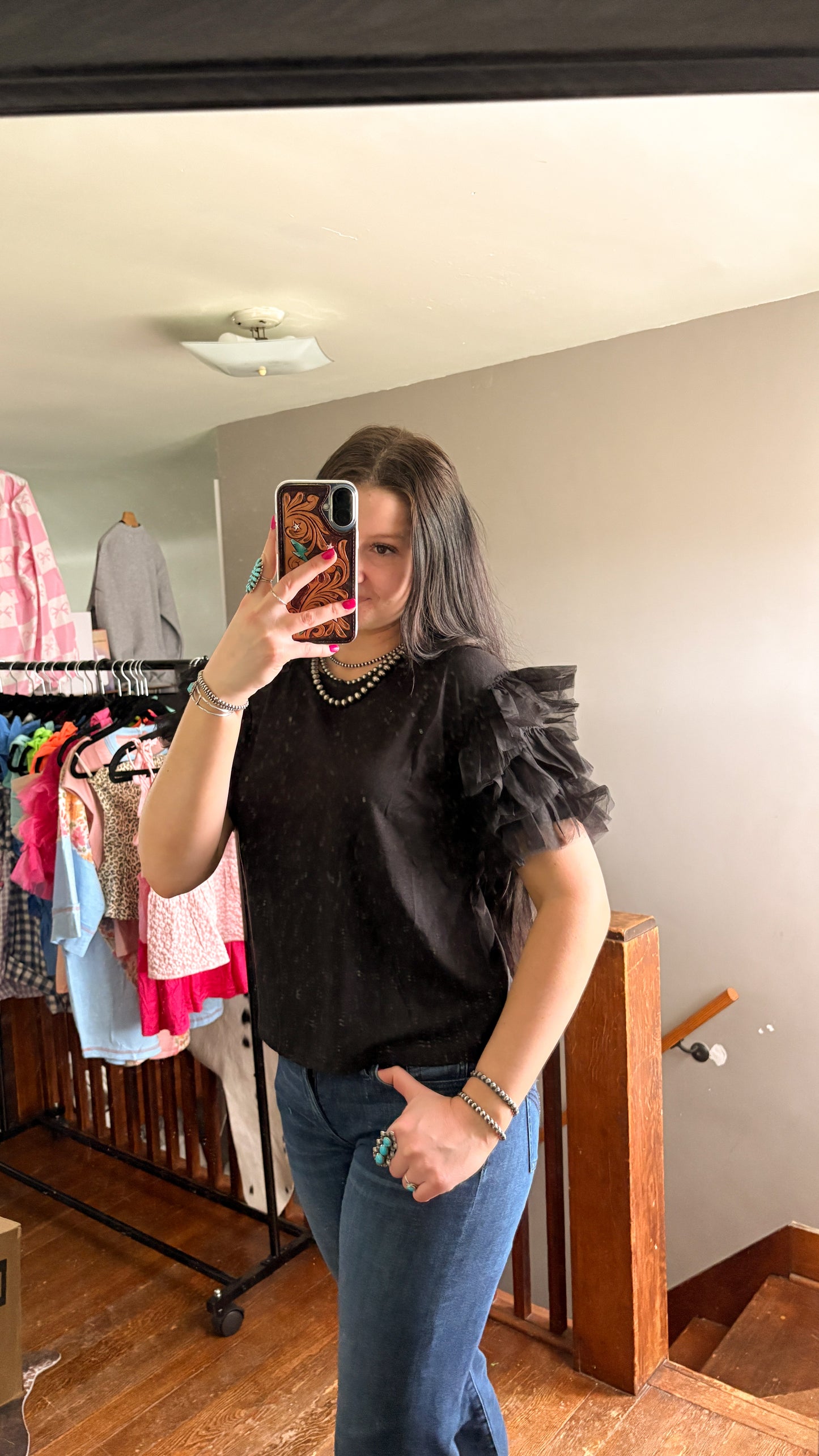 MESH SLEEVE TOP - BLACK