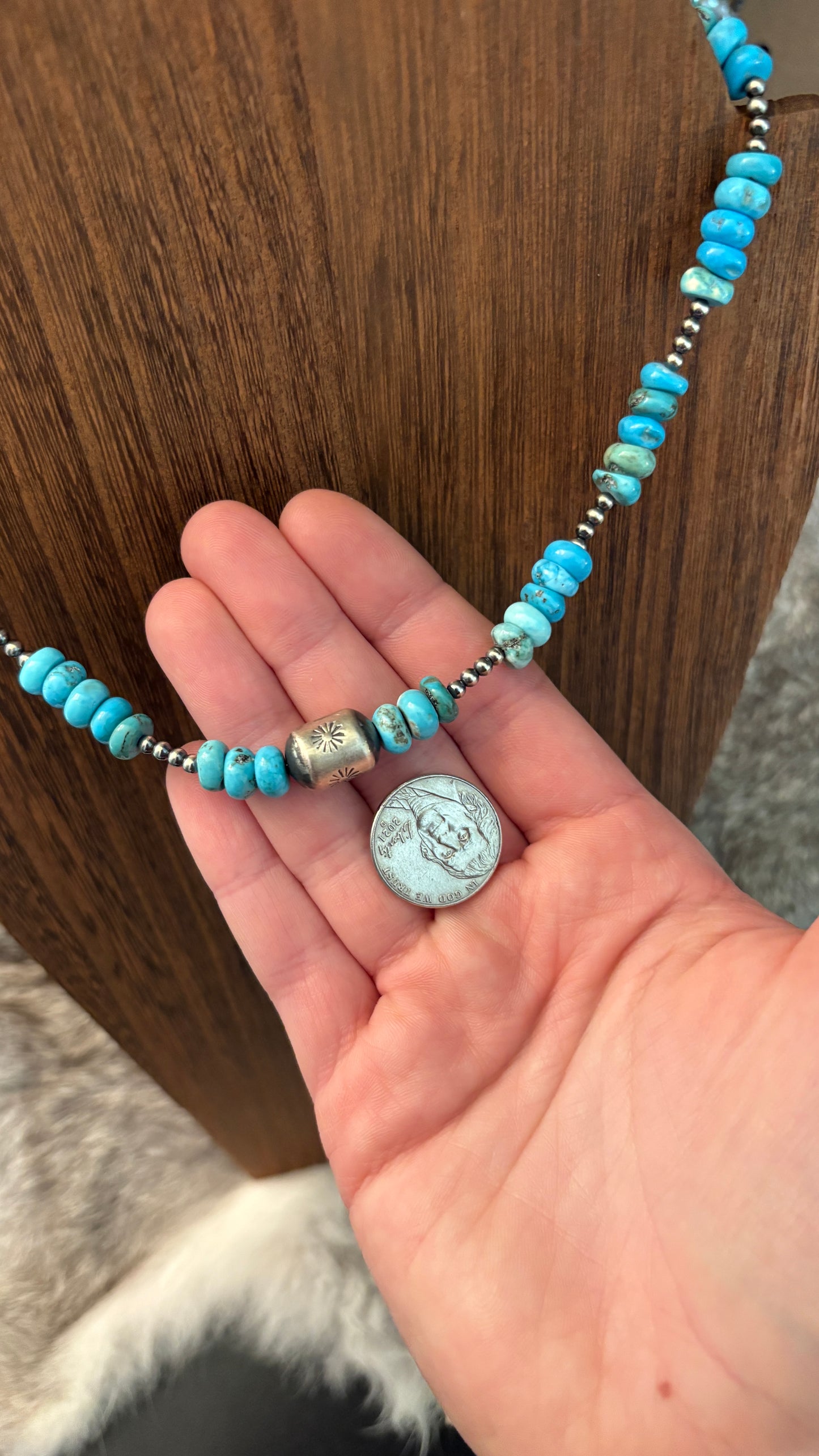 ROYAL BEAUTY TURQUOISE BARREL BEAD STERLING SILVER PEARL NECKLACE