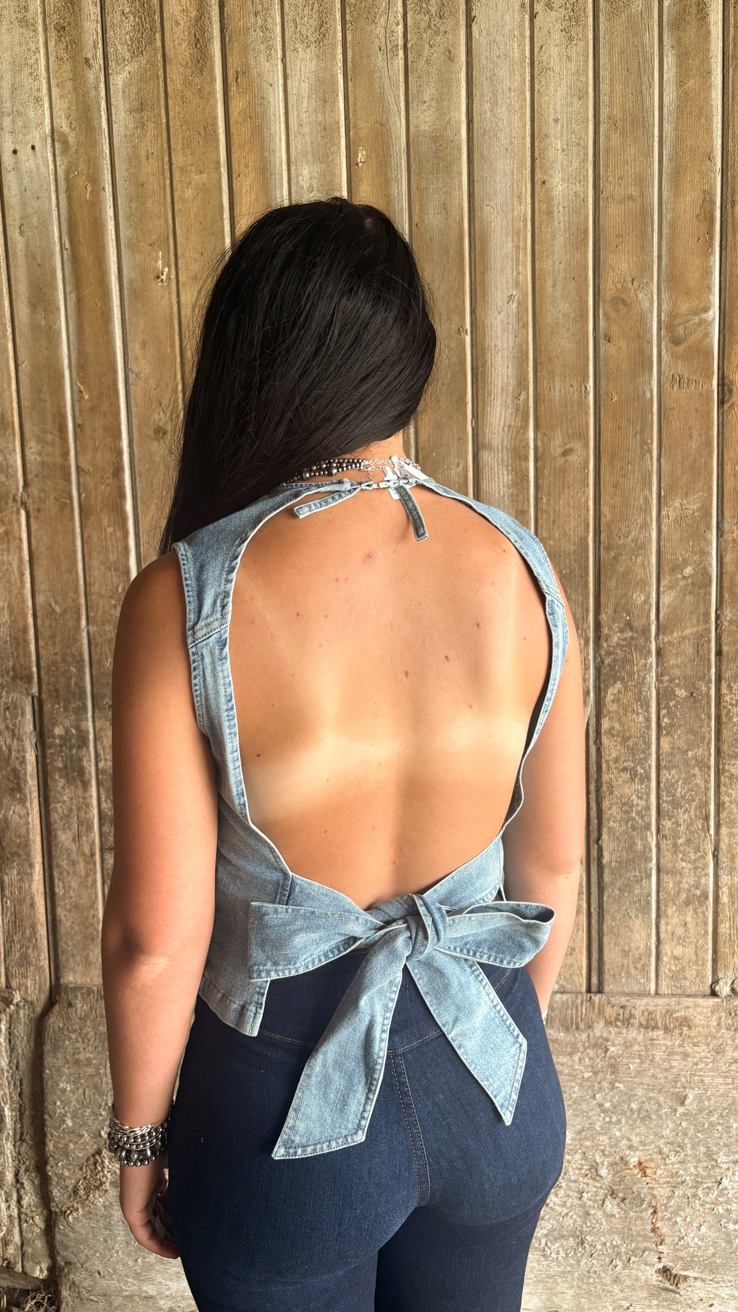 OPEN BACK DENIM BOW TOP