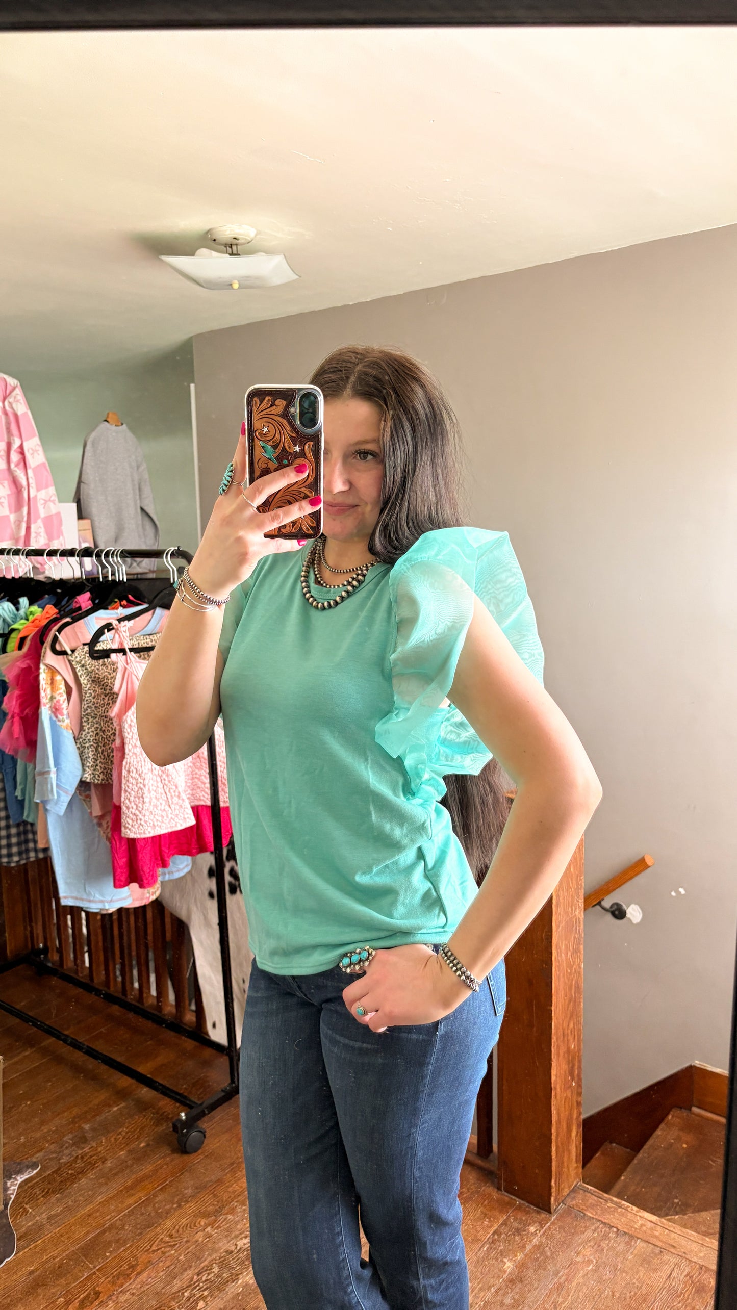 BLUE RUFFLE MESH TOP
