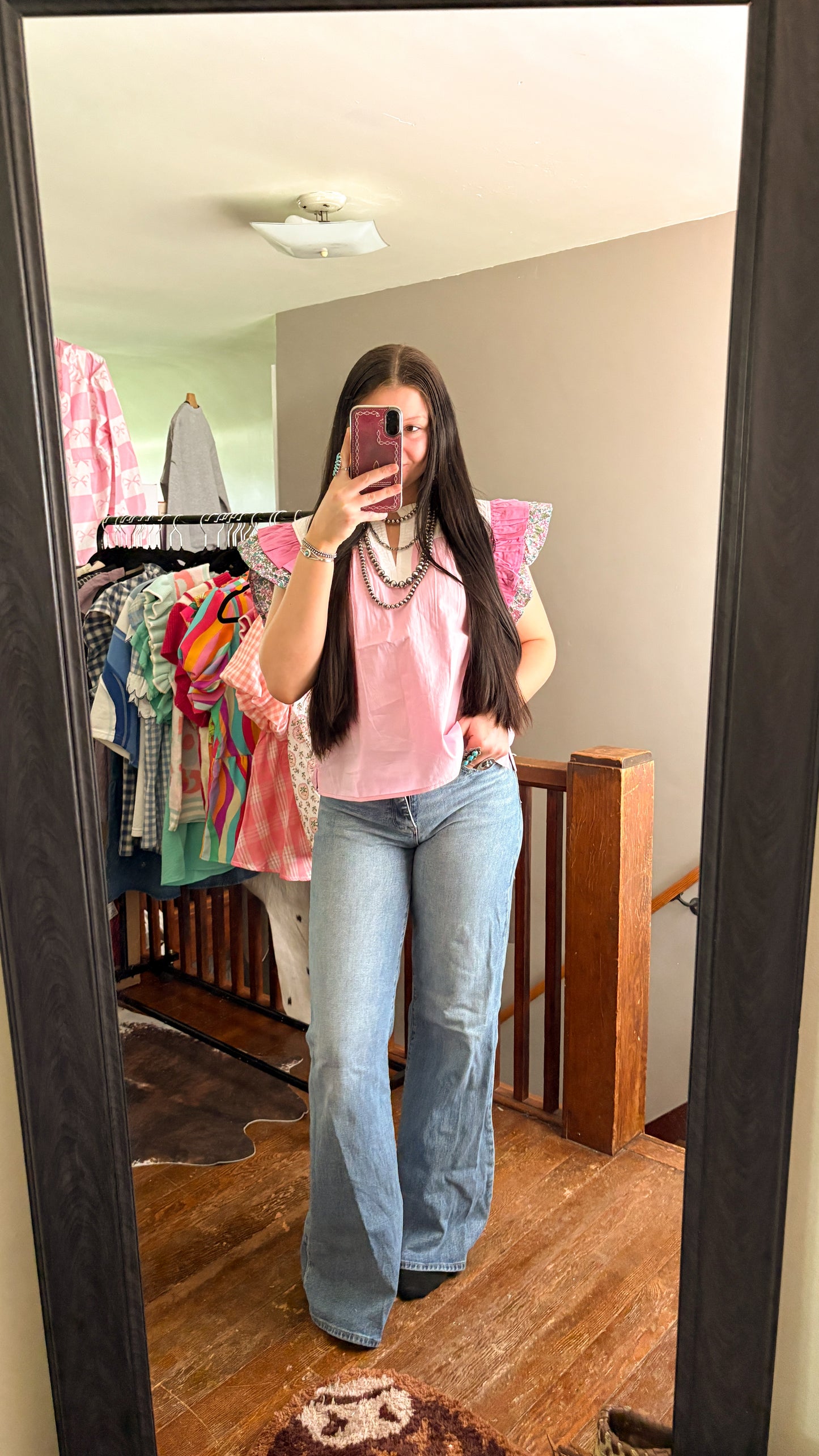 FLORAL SLEEVE PINK RUFFLE TOP