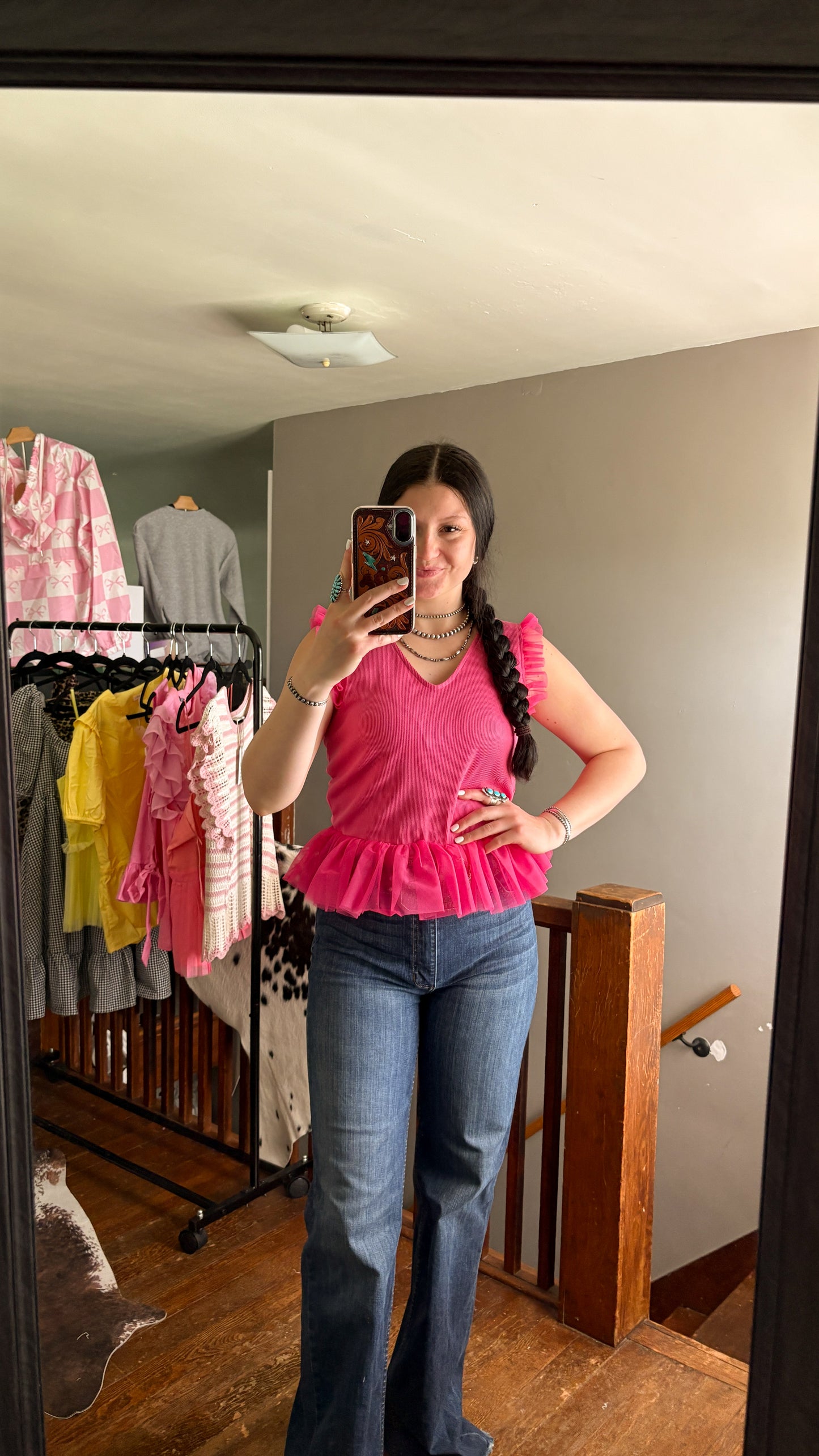 V NECK MESH RUFFLE TOP - HOT PINK