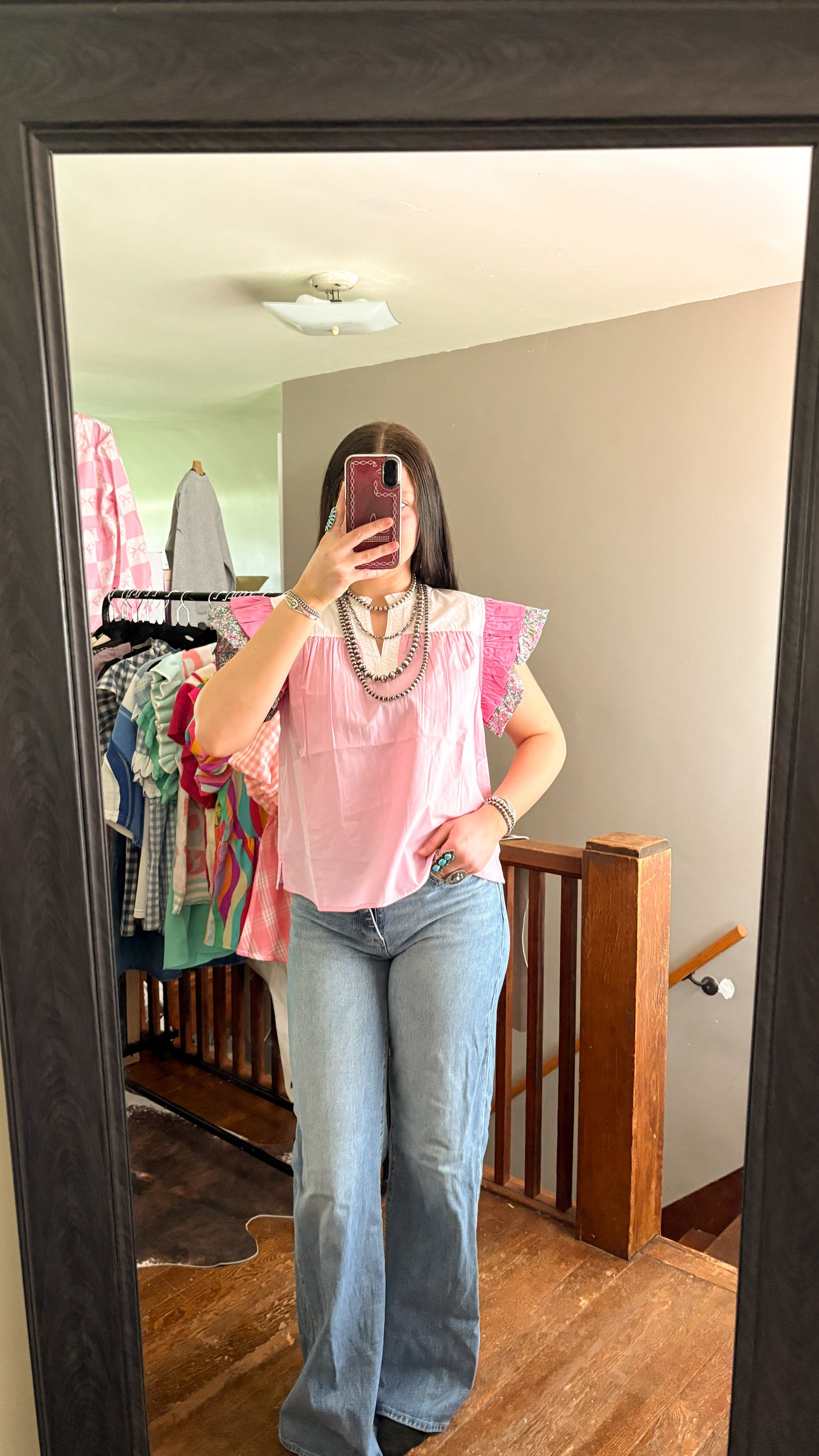 FLORAL SLEEVE PINK RUFFLE TOP