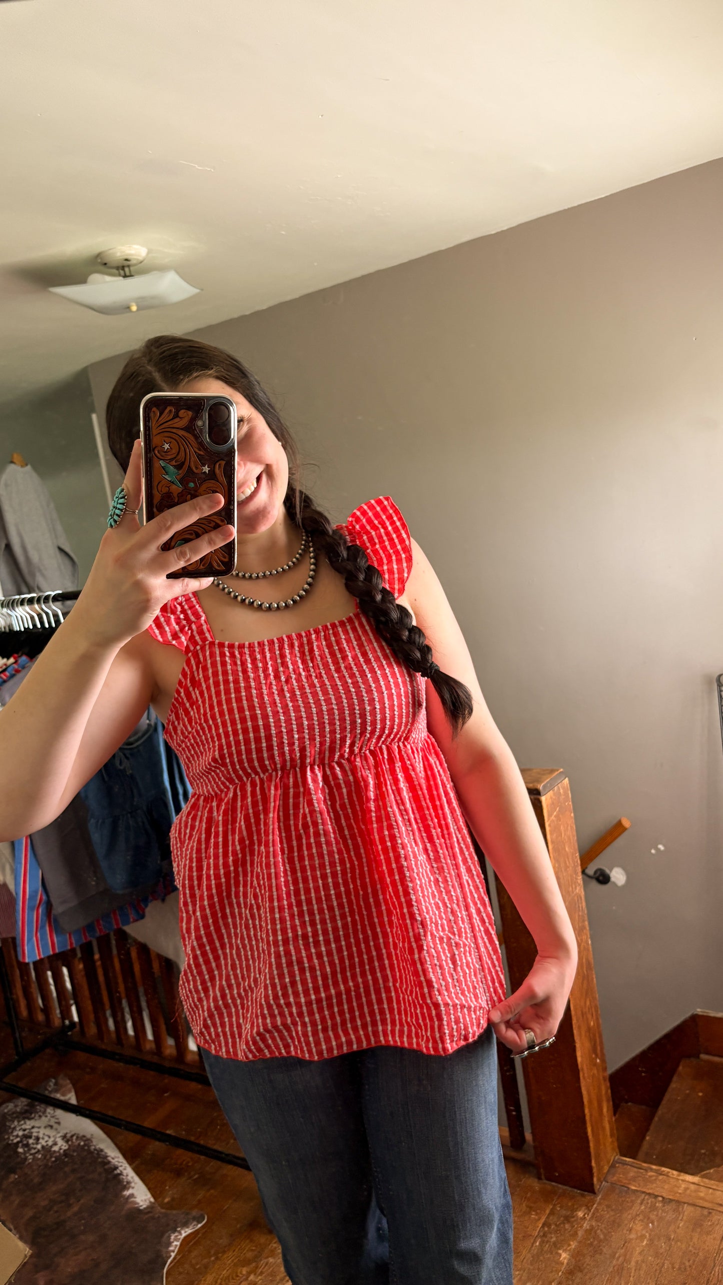 GINGHAM RUFFLE TANK TOP - RED