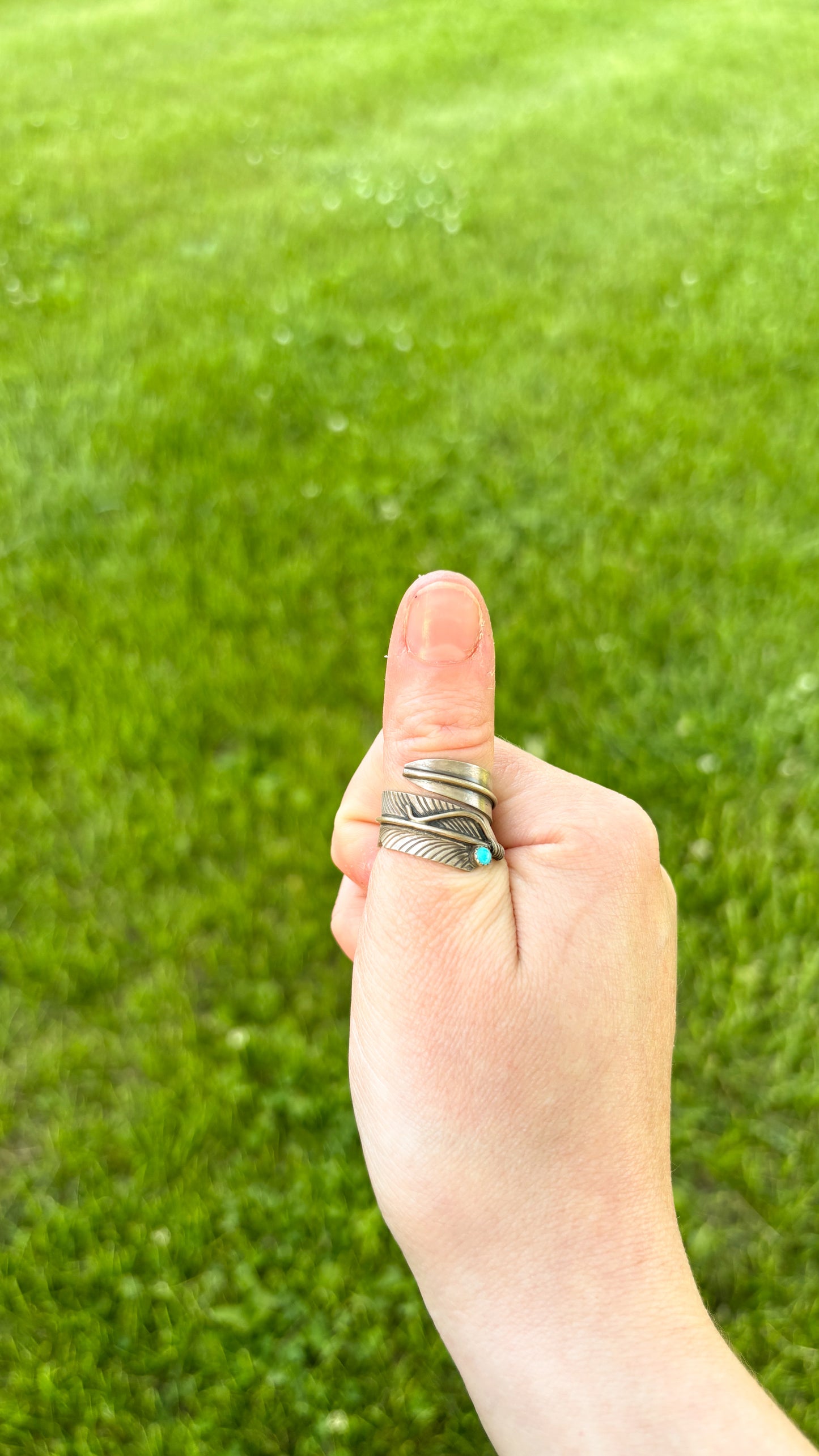 SINGLE STONE TUQUOISE ADJUSTABLE FEATHER RING BY CHESTER CHARLEY