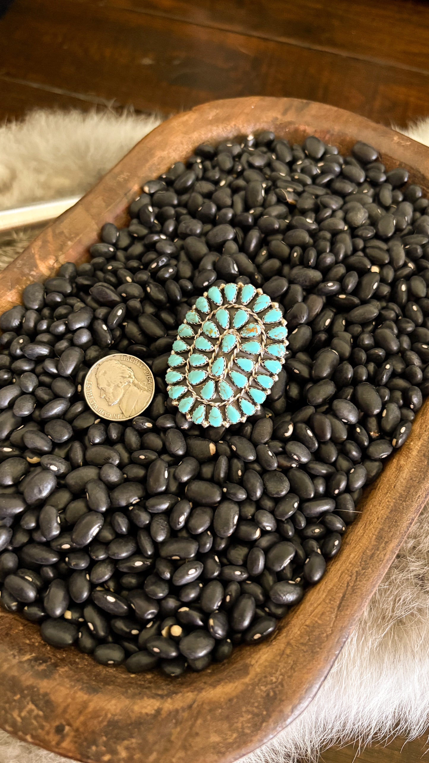 LARGE TURQUOISE CLUSTER RING BY MYRA BENALLY