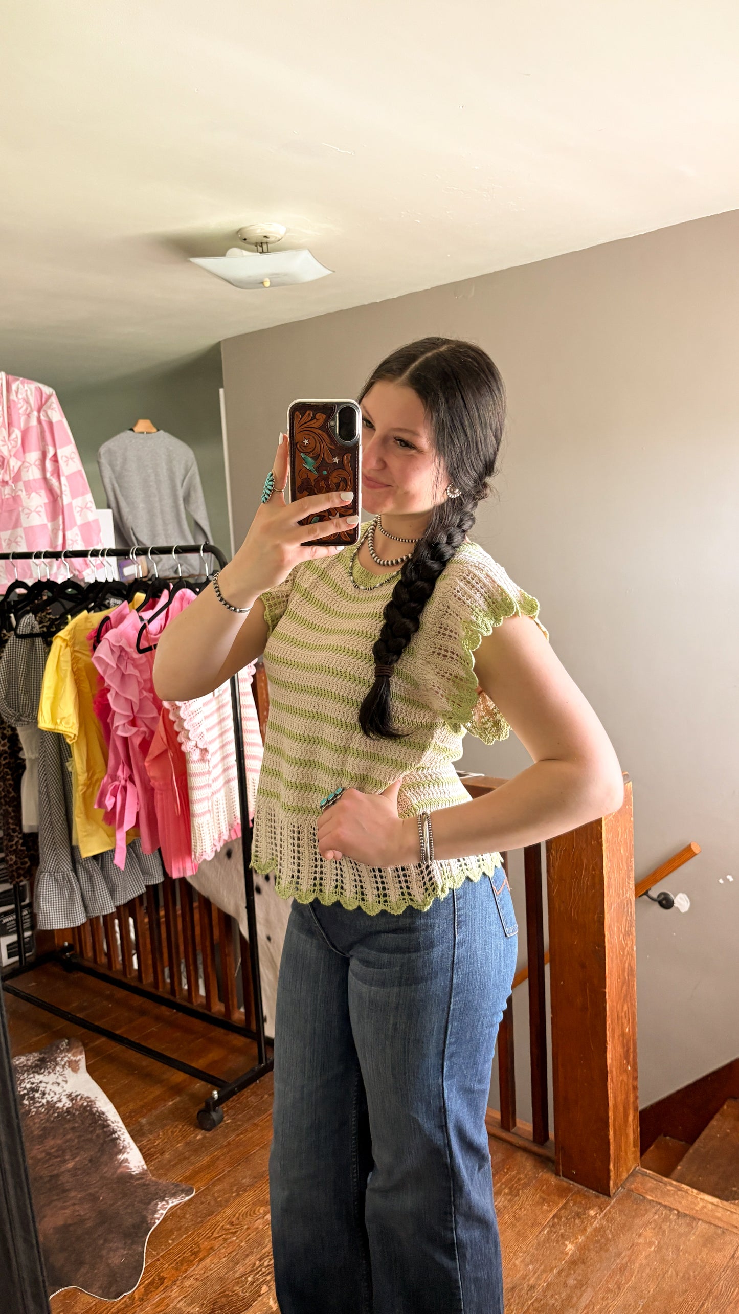 STRIPED RUFFLE CROCHET TOP - GREEN