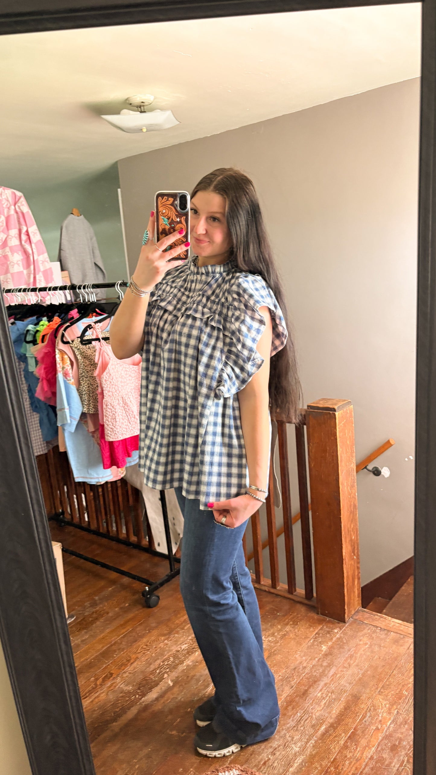 BLUE GINGHAM RUFFLE BLOUSE