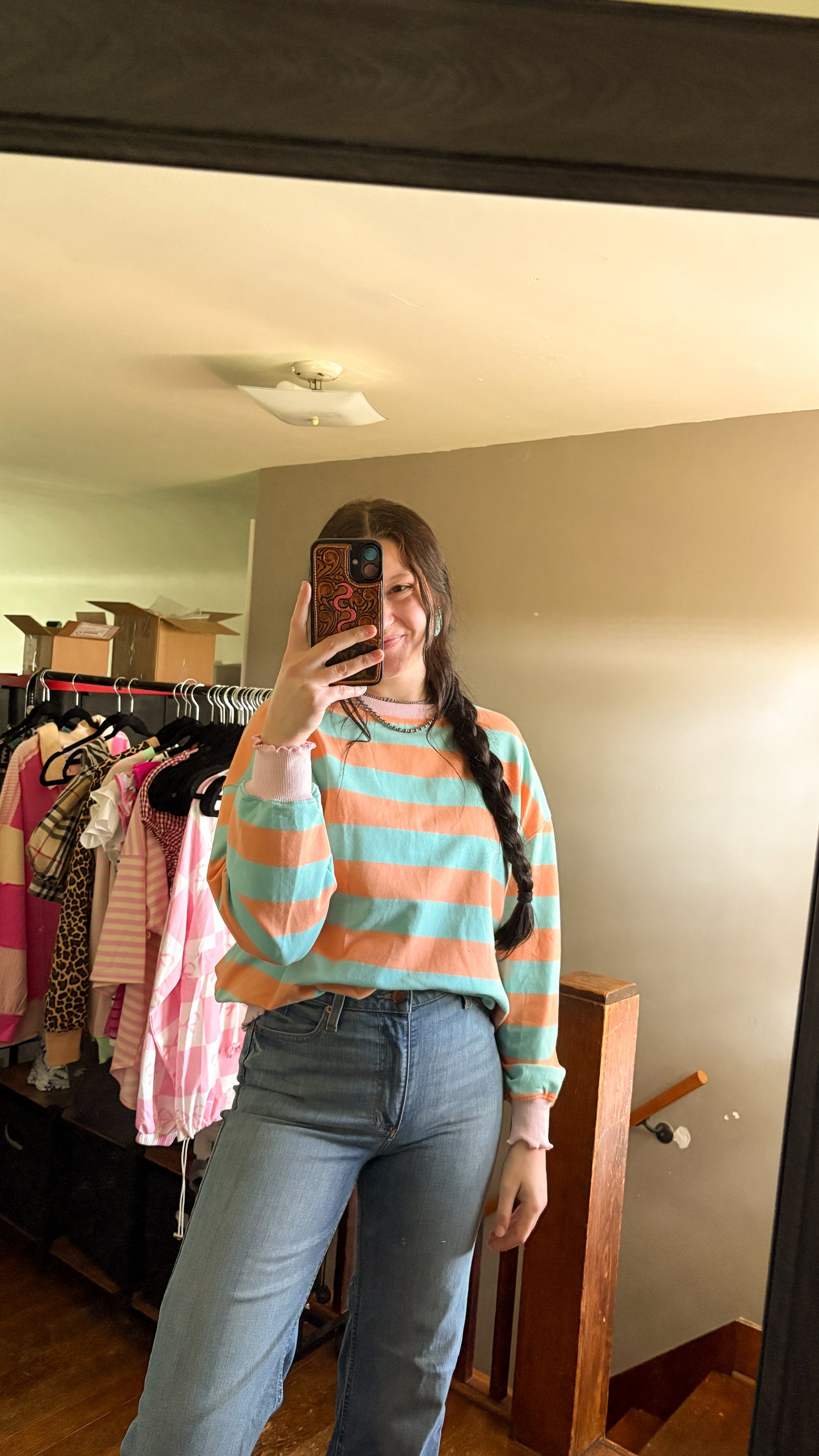 ORANGE & BLUE STRIPED SWEATER W/ LETTUCE DETAIL